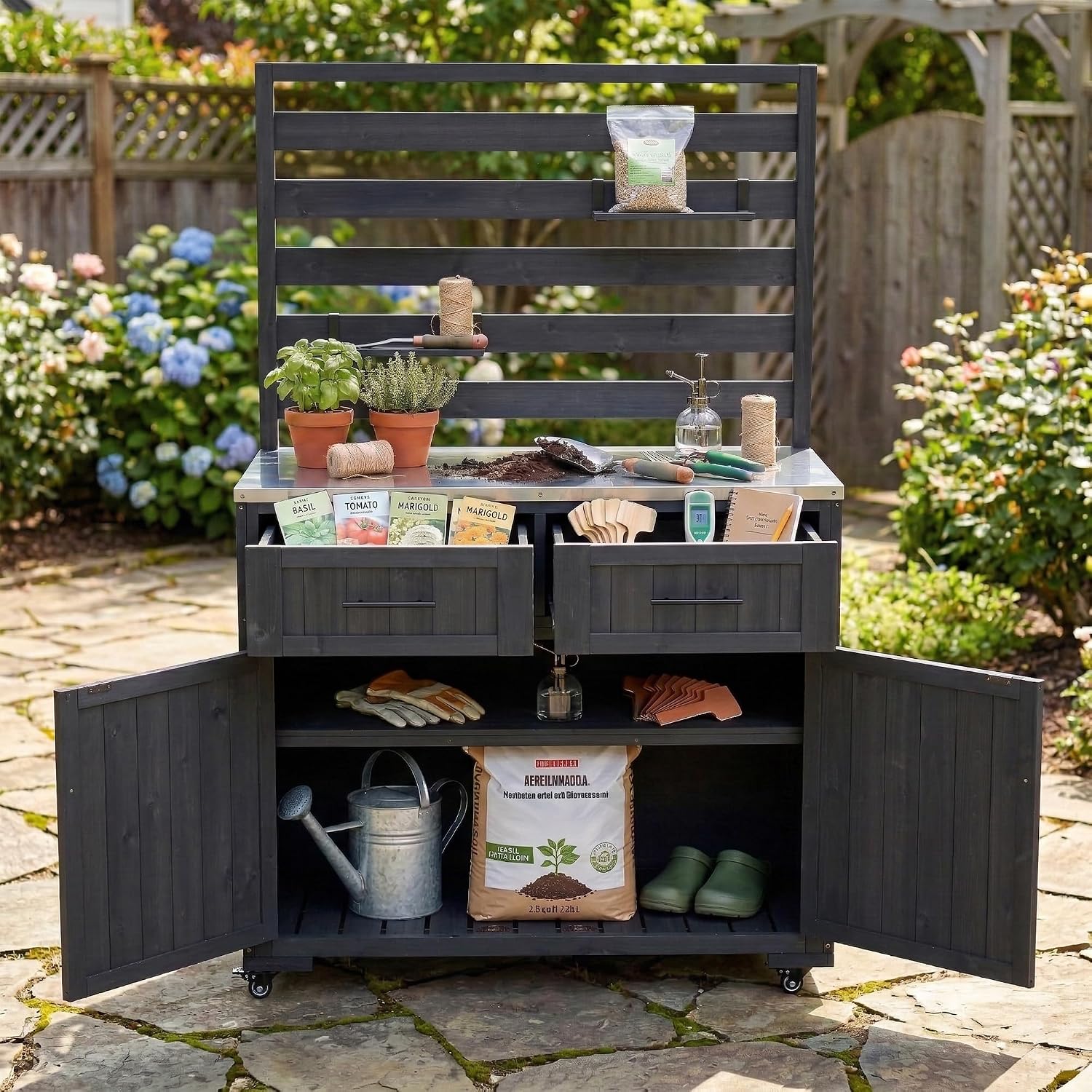64.9'' H Large Patio Kitchen Island Solid Wood Kitchen Cart, Grill Prep BBQ Table, Garden Potting Bench with Stainless Table Top, 3 Movable Shelves and 2 Drawers (Black-64.9'')