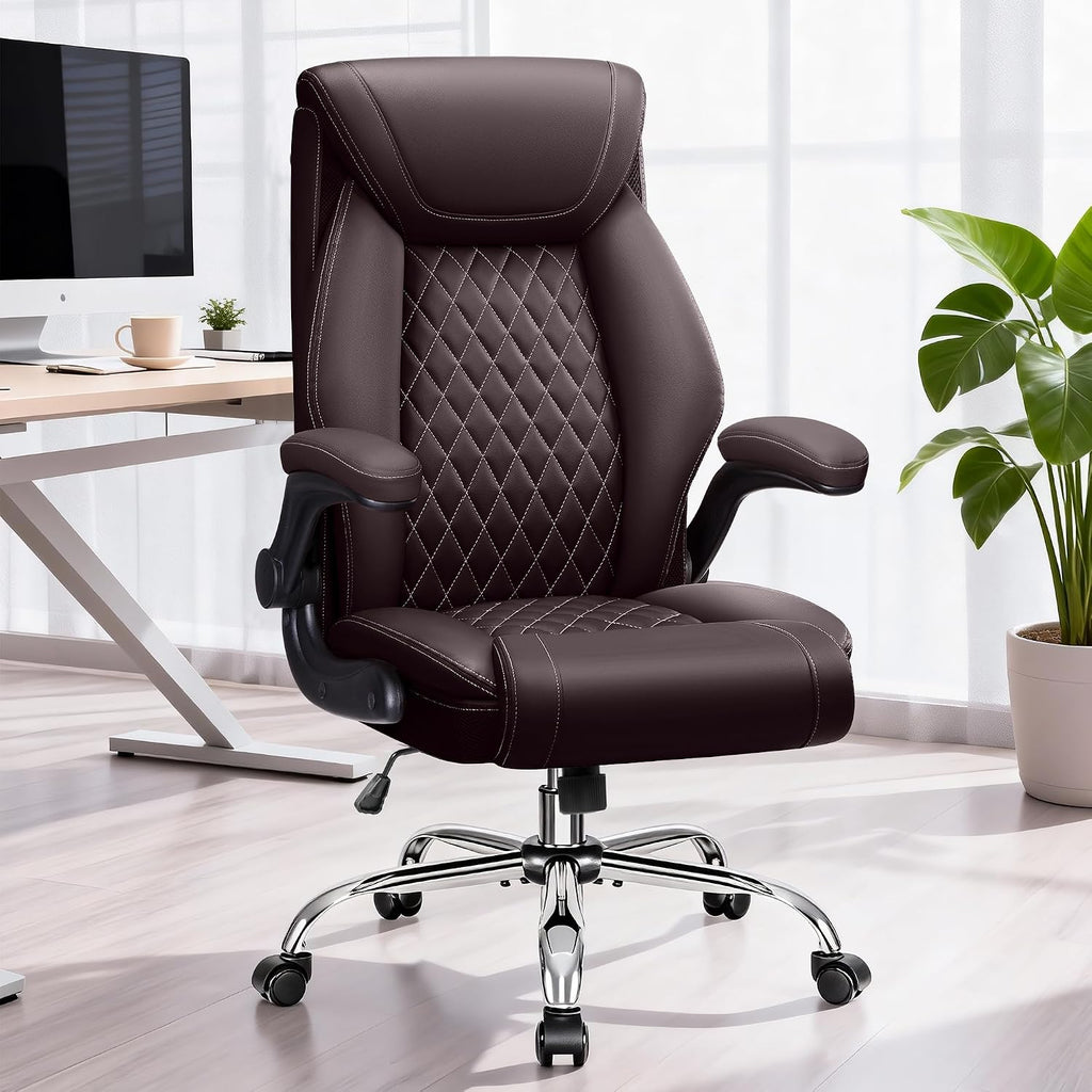 Office Chair, Executive Leather Office Chairs with Rocking Function, Big and Tall Ergonomic Computer Chair with Lumbar Support Flip-Up Armrests, Comfortable Gaming Chairs for Home Ofiice