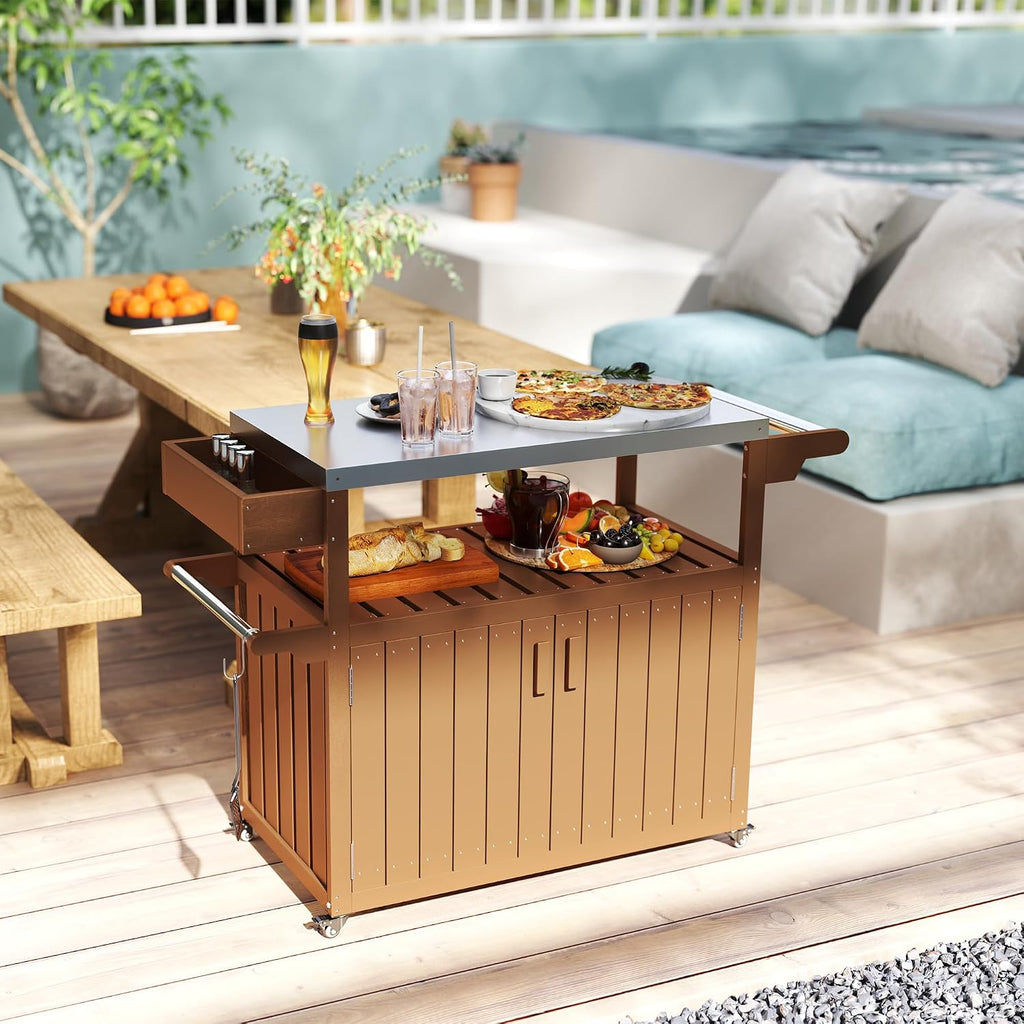Outsunny Outdoor Bar Cart with Storage Cabinet, Stainless Steel Top Kitchen Island on Wheels, HDPE Outdoor Bar Table, Movable Patio Beverage Food Prep Table for BBQ Picnic, Brown