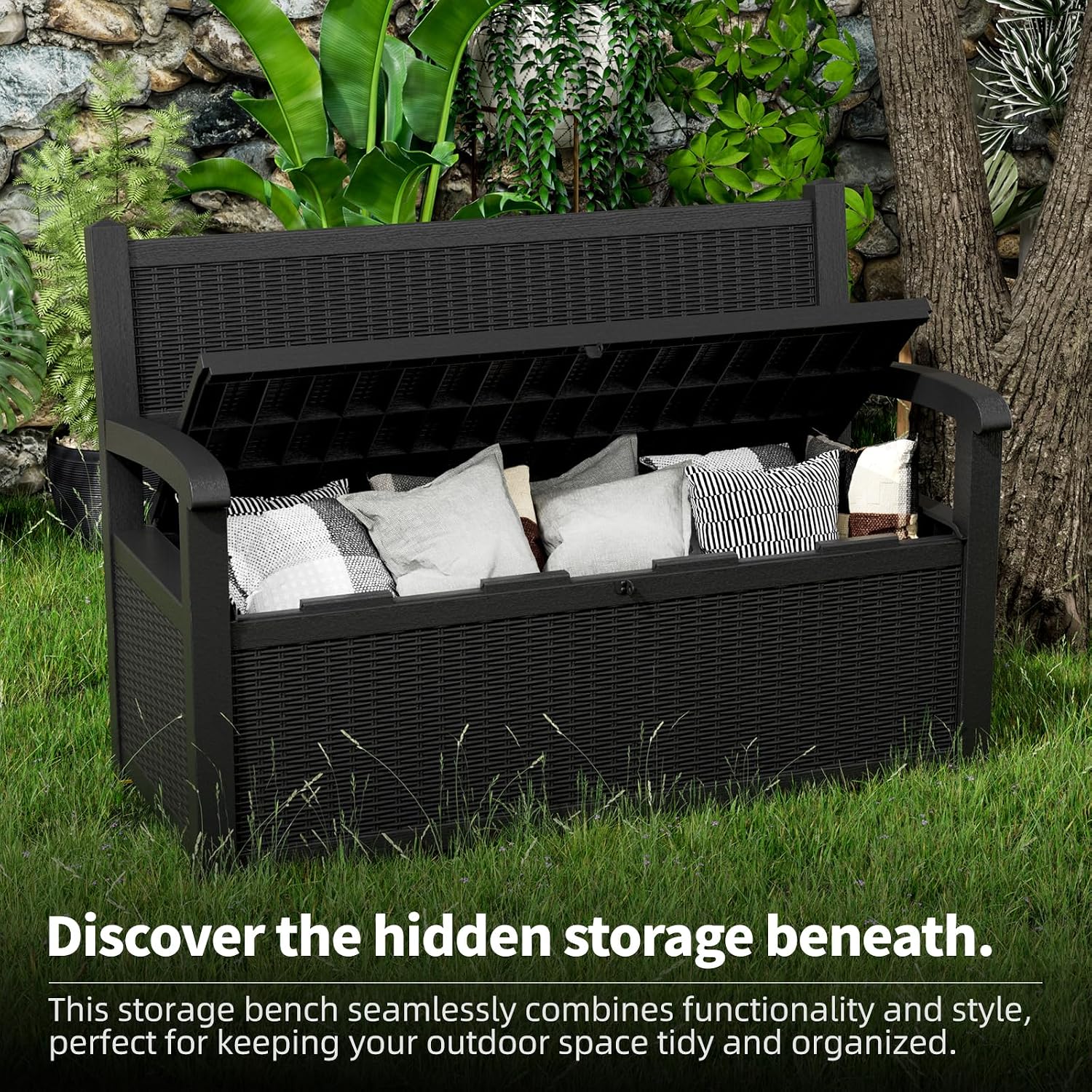 Outdoor Storage Bench - Waterproof Resin Patio Bench, Multi-Functional Patio Bench with 70 Gallon Storage for Garden, Deck or Entryway