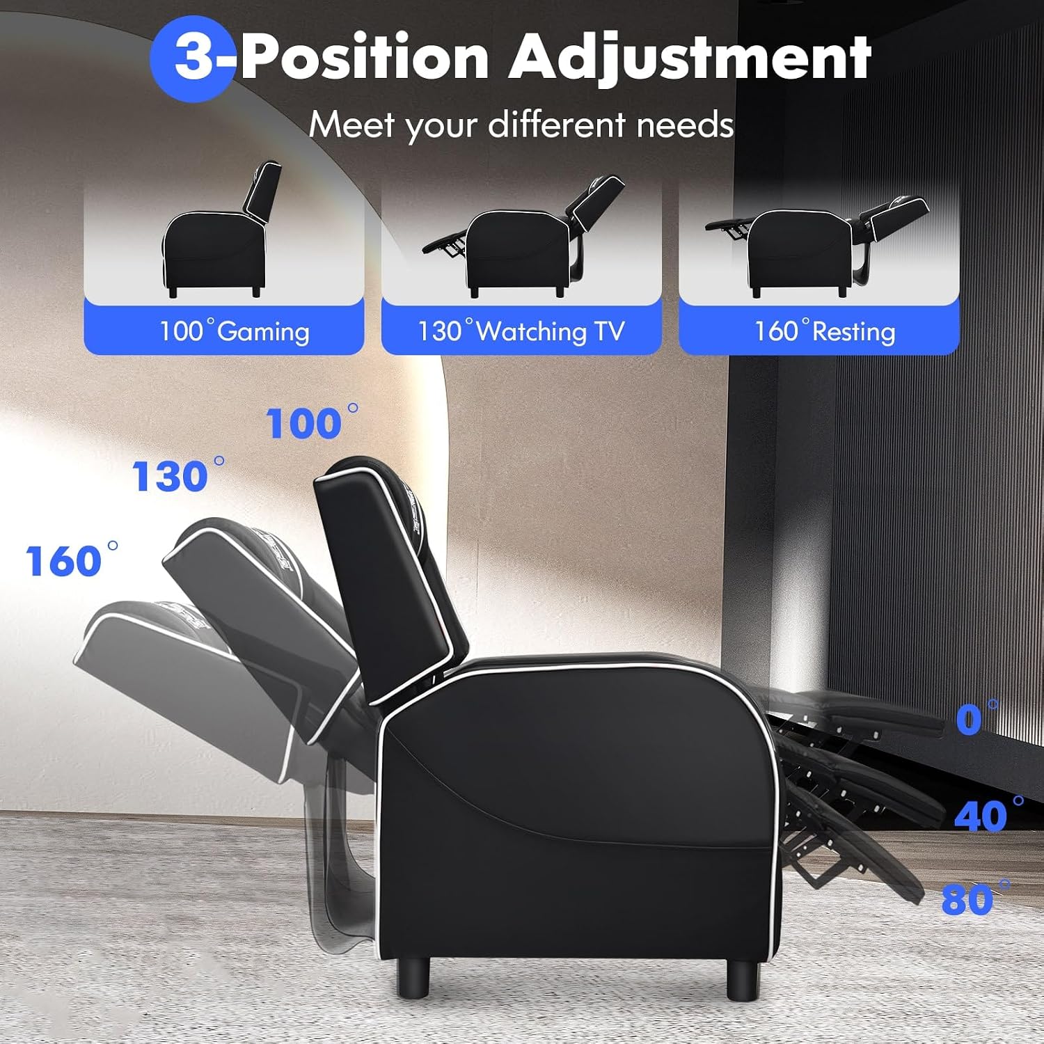 GYMAX Gaming Recliner, Massage Gaming Chair with Adjustable Backrest Footrest, Remote Control & Side Pocket, Ergonomic Game Lounge Chair, Racing Style Single Theater Seat Game Sofa for Adults (White)