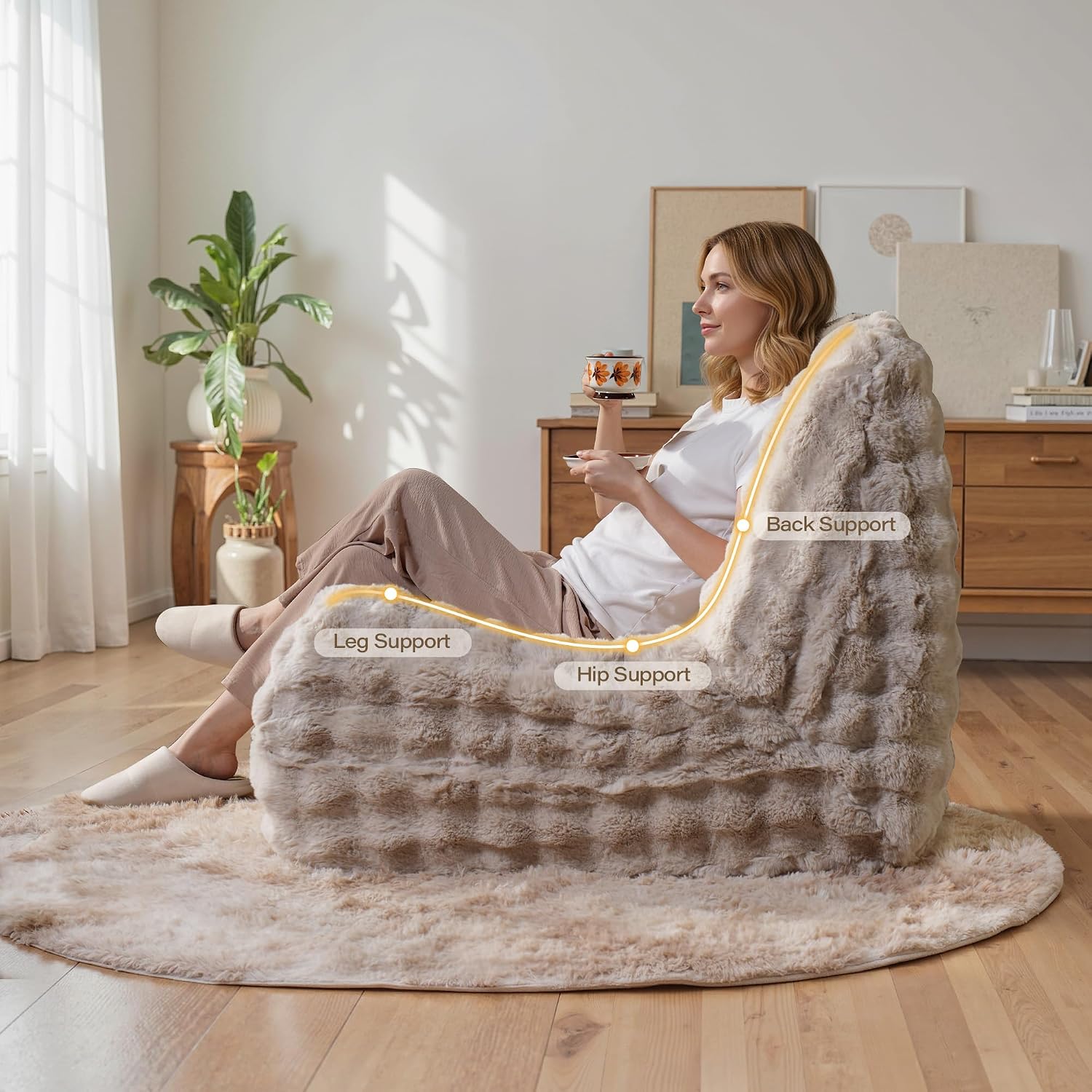 Beige Bean Bag Chairs for Adults,Comfy Small Bean Bag Sofa with Back Support,Memory Foam Bean Bag Chair for Teens,Faux Fur Fireside Beanbags Lazy Sofa for Bedroom,Dorm,Apartment,Living Room