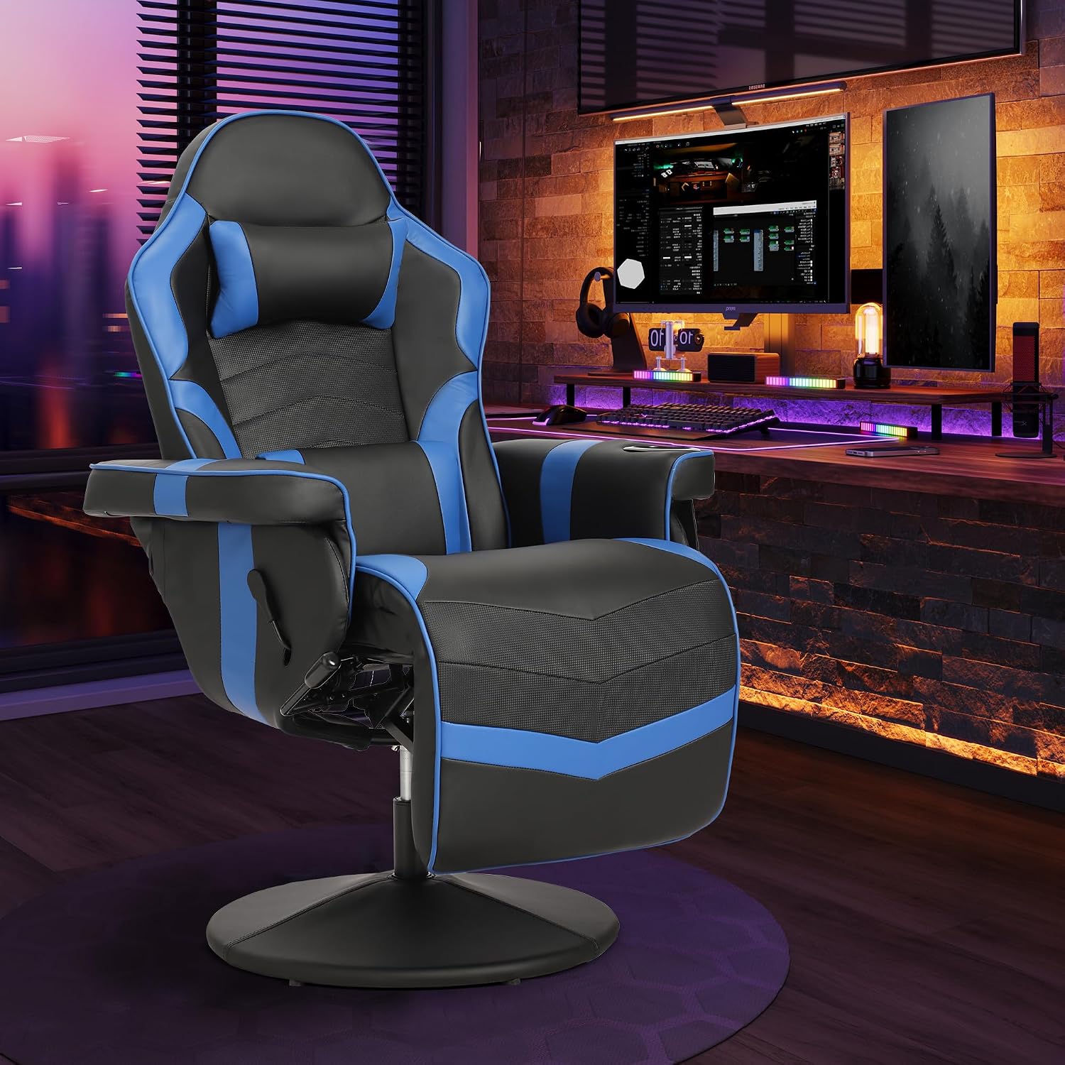 Massage Gaming Recliner Chair with Cup Holder & Side Pockets – Ergonomic PU Leather Video Gaming Chair with Footrest, Manual Recline, Headrest & Lumbar Support for Office or Game Room (Blue)