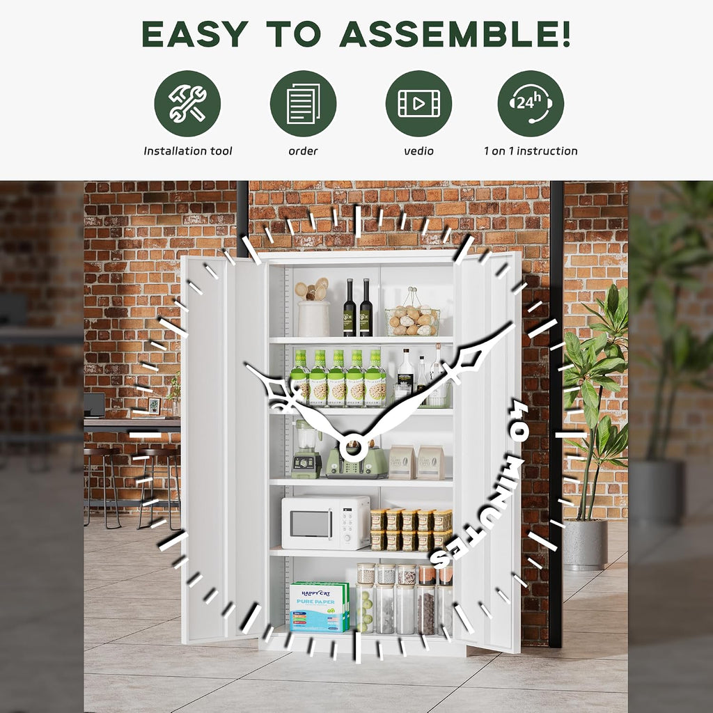 Greenvelly Metal Storage Cabinet, 72' Locking Metal Garage Storage Cabinet with Doors and 4 Adjustable Shelves, Lockable Steel Cabinets for Home Office, Garage, Shop, School (White 36' W x 18' D)