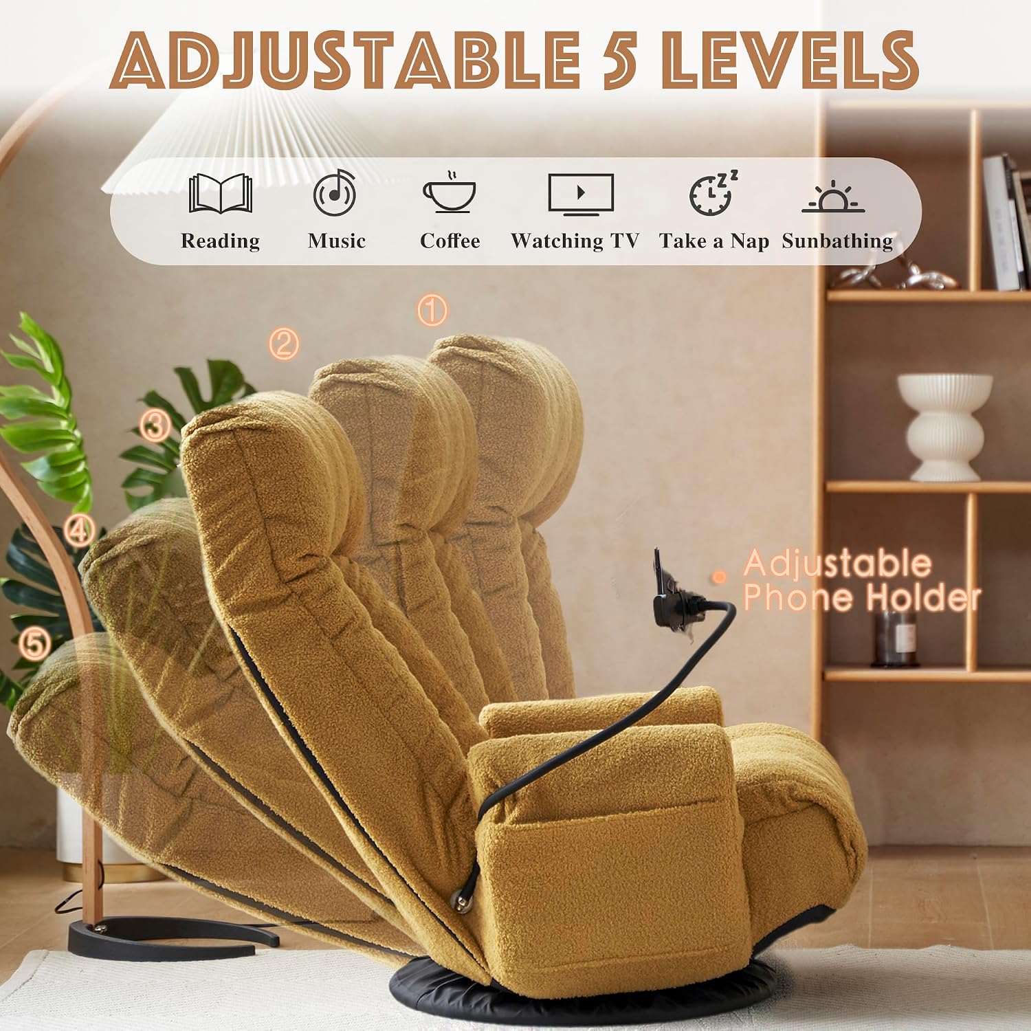 Ubyoee Swivel Floor Chair, 5 Adjustable Positions, Meditation & Gaming, Teddy Indoor Lounge Chair for Living Room, Yellow
