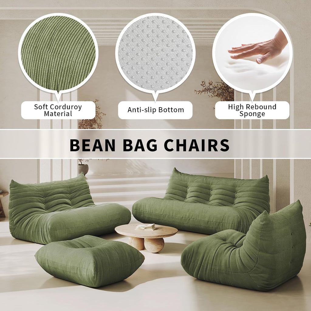 Bean Bag Chair for Adults Fireside 3 Seater Sofa Floor Lazy Couches with Ergonomic Design Corduroy Cozy Memory Foam Lounger Couch for Dorm, Apartment and Gaming Venue,Olive Green