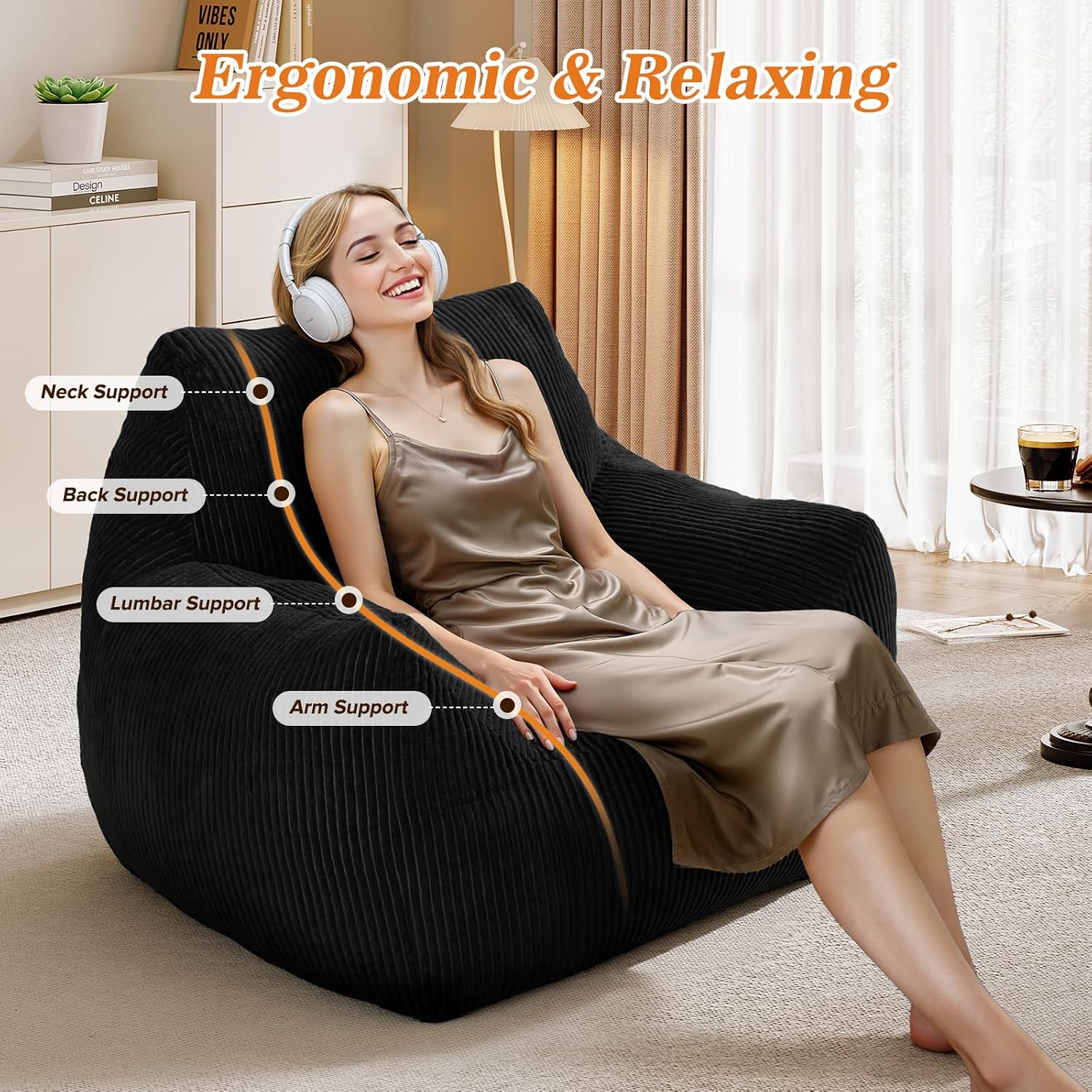 Big Bean Bag Chair for Adults, Ultra Soft Living Room Bean Bag with Armrests & Ottoman, Stuffed BeanBag Chair for Napping, Gaming, Vacuum-Compressed for Easy Gifting, 48h to Expand, Black