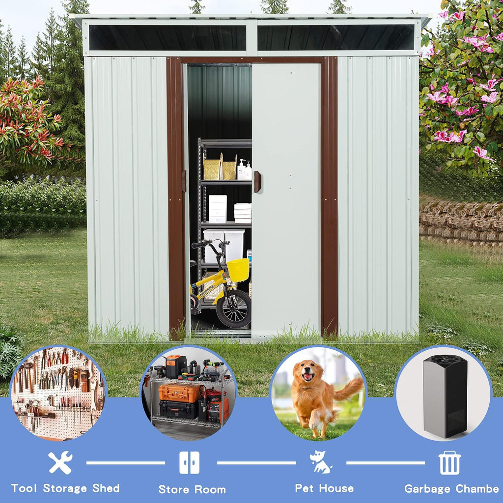 JT 6X4.5FT Outdoor Storage Shed, Galvanized Metal Garden Shed with Window and Metal Foundation, Tool Storage Shed for Patio Lawn Backyard (White-with The window-6ftx4.5ft)