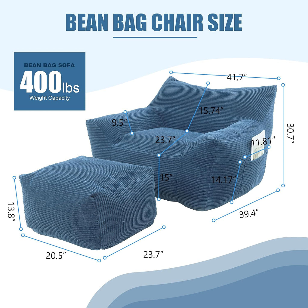 Giant Bean Bag Chair with Ottoman, Comfy Bean Bag Couch with 2 Side Pocket, Corduroy Boneless Couch Chair in a Box, Stuffed Lounge Floor Sofa for Dorm, Bedroom, Living Room, Blue