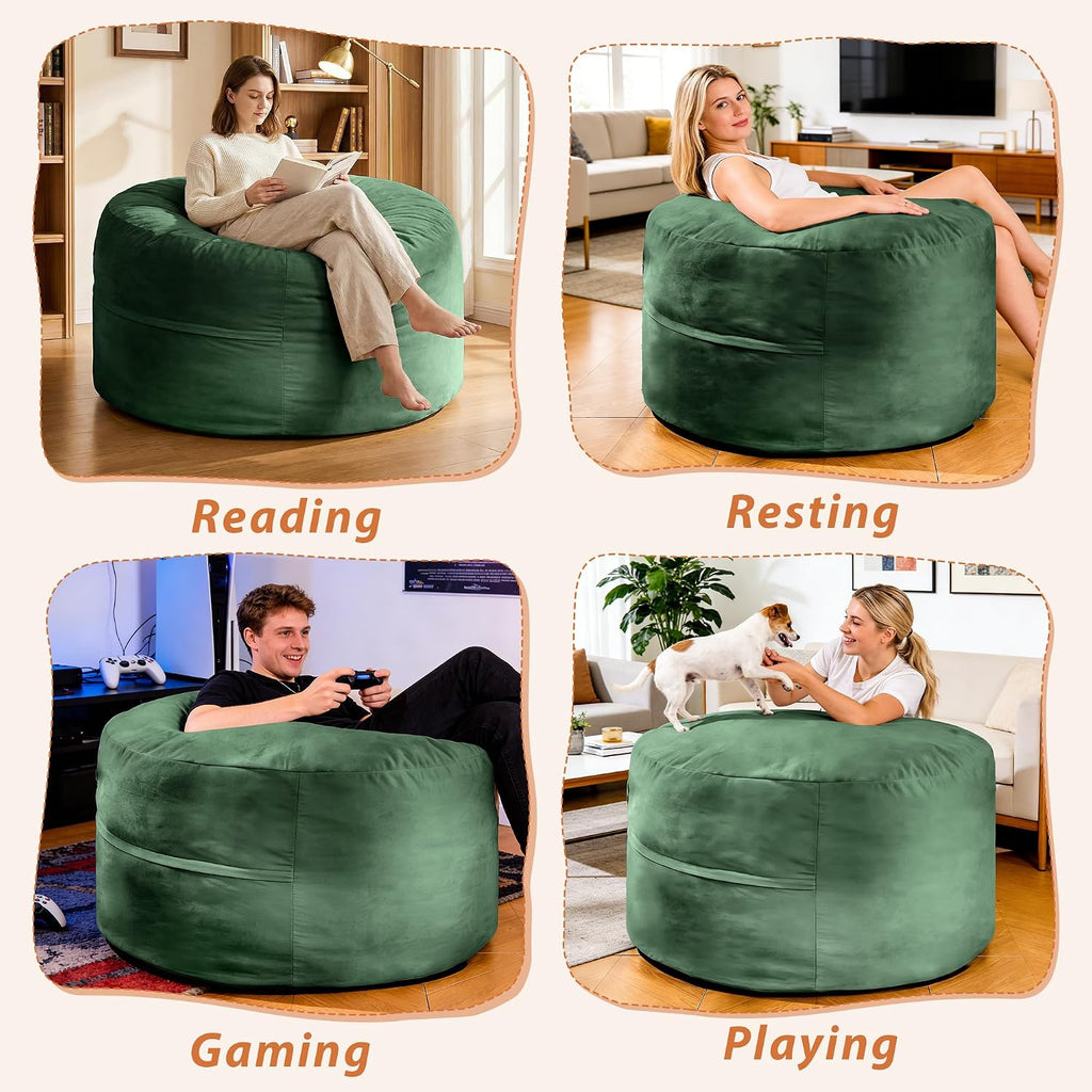 4FT Bean Bag Chair, Bean Bag Chairs for Adults and Kids, Fluffy and Comfy Bean Bag with Velvet Cover, Bean Bag with Memory Foam Filled for Gaming, Living Room, Playroom (Green)