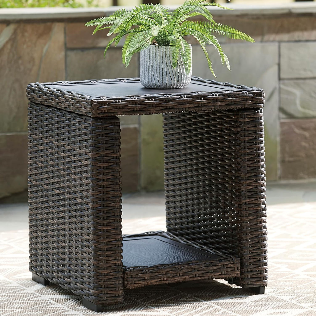 Signature Design by Ashley Grasson Lane Outdoor Rattan Square End Table with Storage, All-Weather Resin Wicker Handwoven Over Durable Aluminum Frame, Aluminum Tabletop and Shelf, 22.25' High, Brown