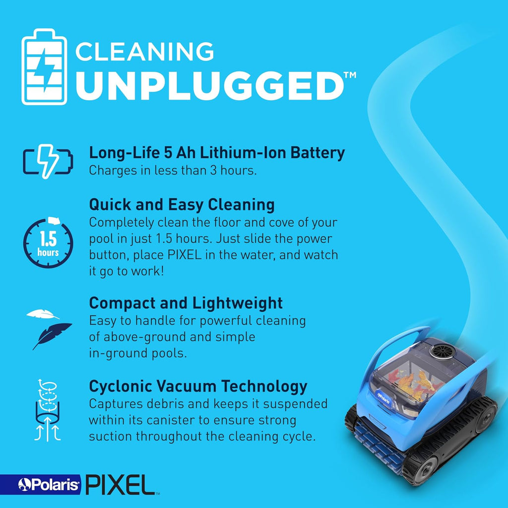 Polaris Pixel Compact Cordless Robotic Pool Cleaner for Above-Ground & In-Ground Pools up to 30ft, Long Lasting Battery, Compact & Lighweight w/Cyclonic Vacuum Technology