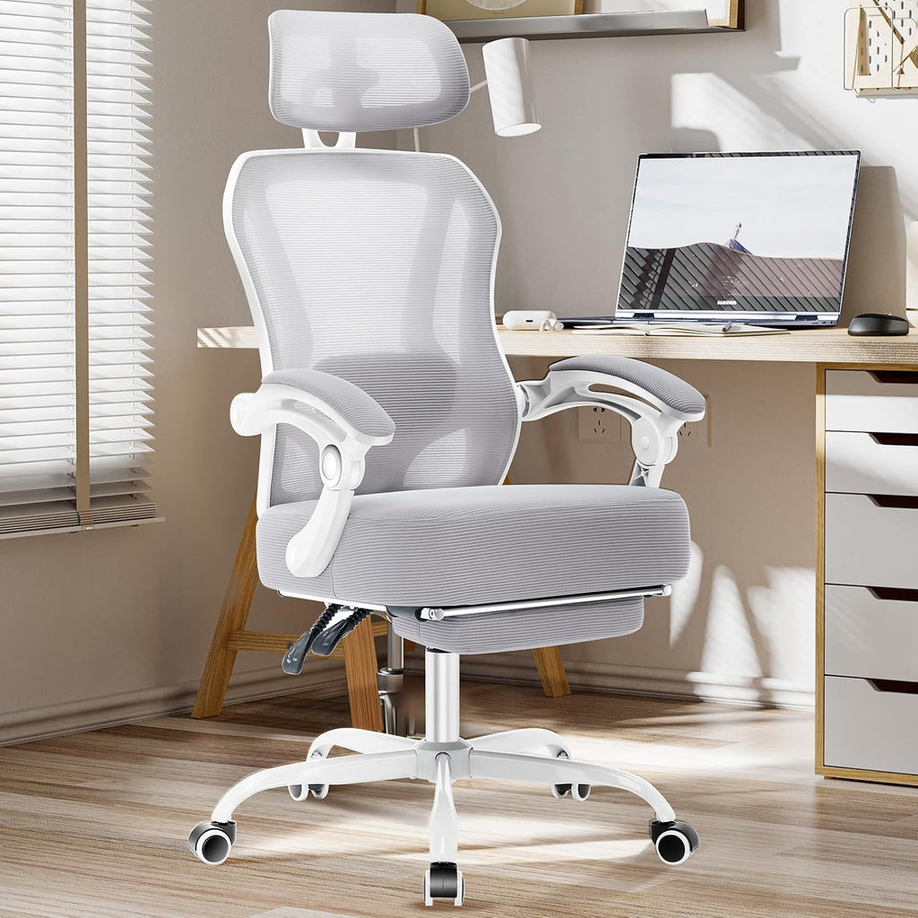 Ergonomic Office Chair with Footrest,Ultra Thick Reclining Office Desk Chair with Adjustable 2D Lumbar Support and Headrest,Spring Cushion,High Back Premium Mesh Computer Chair Office Chairs,Grey