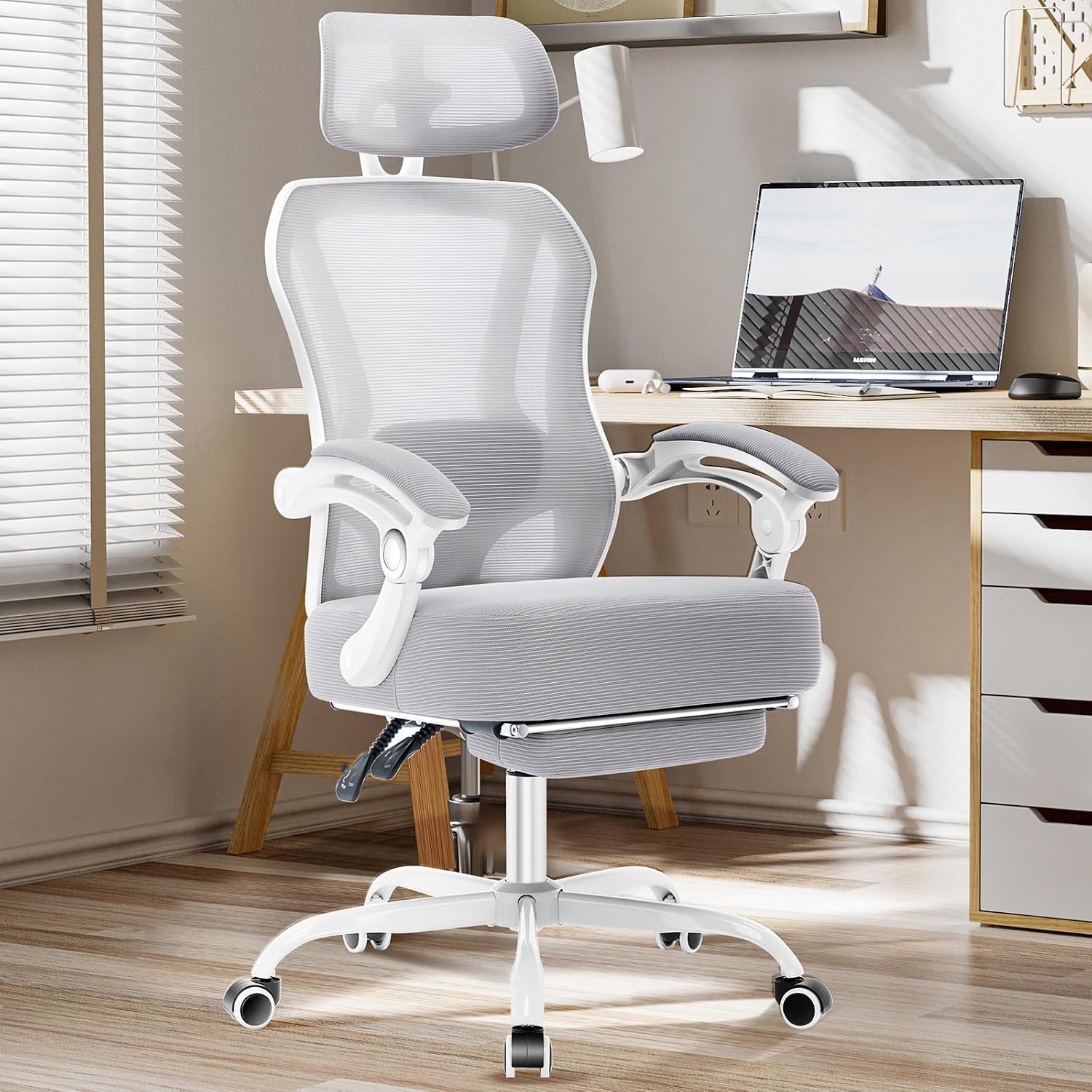 Ergonomic Office Chair with Footrest,Ultra Thick Reclining Office Desk Chair with Adjustable 2D Lumbar Support and Headrest,Spring Cushion,High Back Premium Mesh Computer Chair Office Chairs,Grey