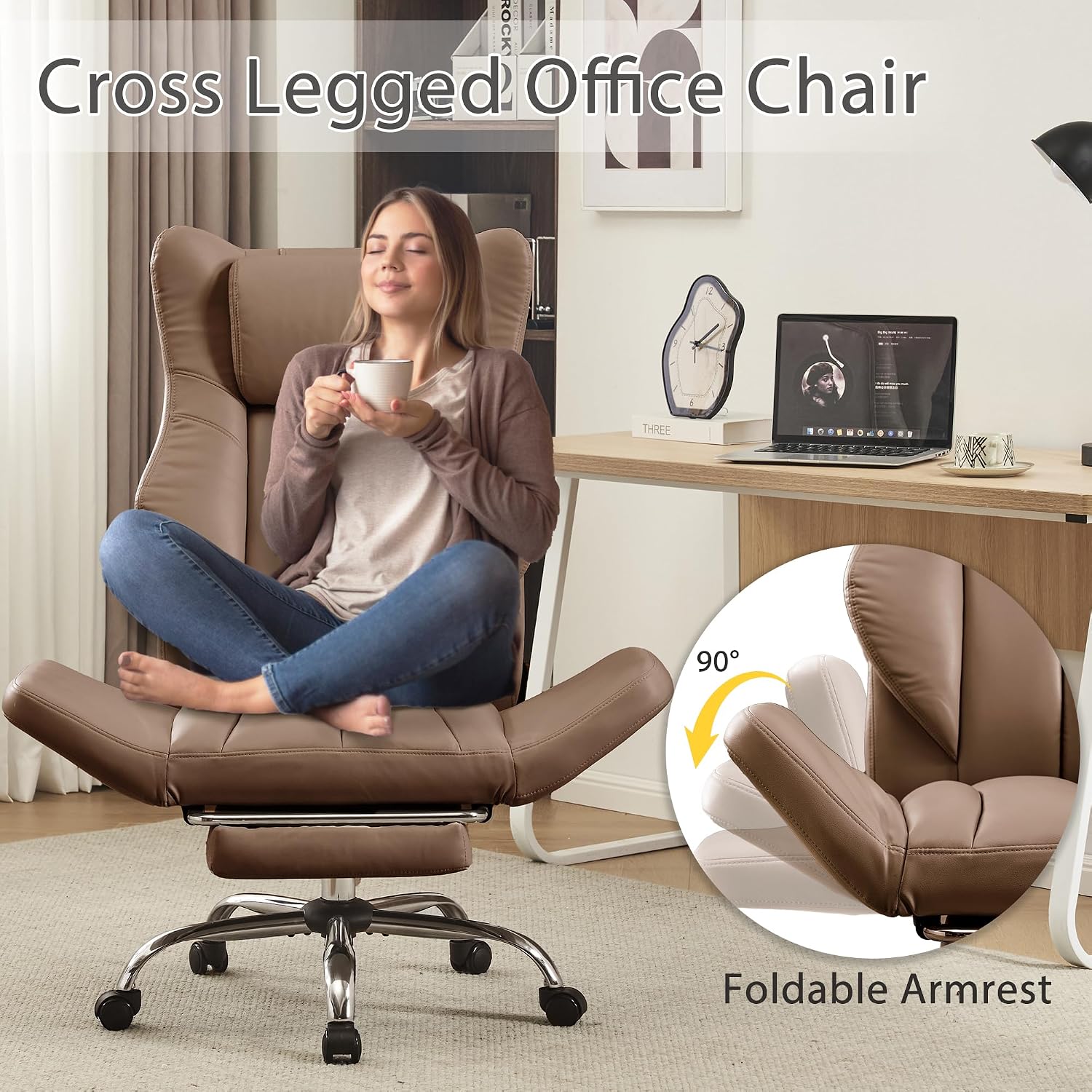Ergonomic Cross Legged Office Chair with Footrest,Leather Big and Tall Executive Chair with Wheels,Reversible Armrest and Lumbar Pillow,155° Reclining Computer Wide Desk Chair for Home,Office (Brown)