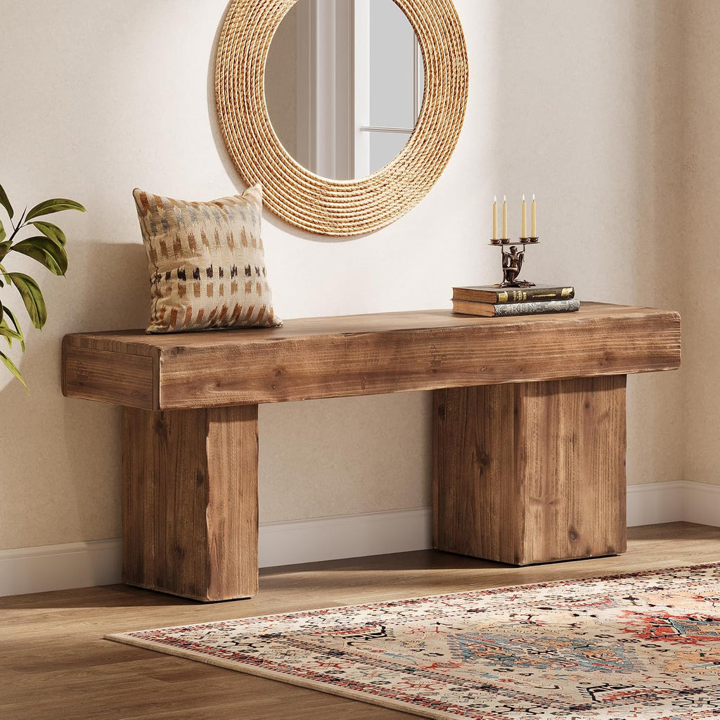 Solid Wood Bench, 47' Farmhouse Entryway Bench with Thickened Seat & Artistic Legs, Heavy Duty Indoor Bench for Bedroom, Hallway, Living Room, Indoor, Porch, Natural