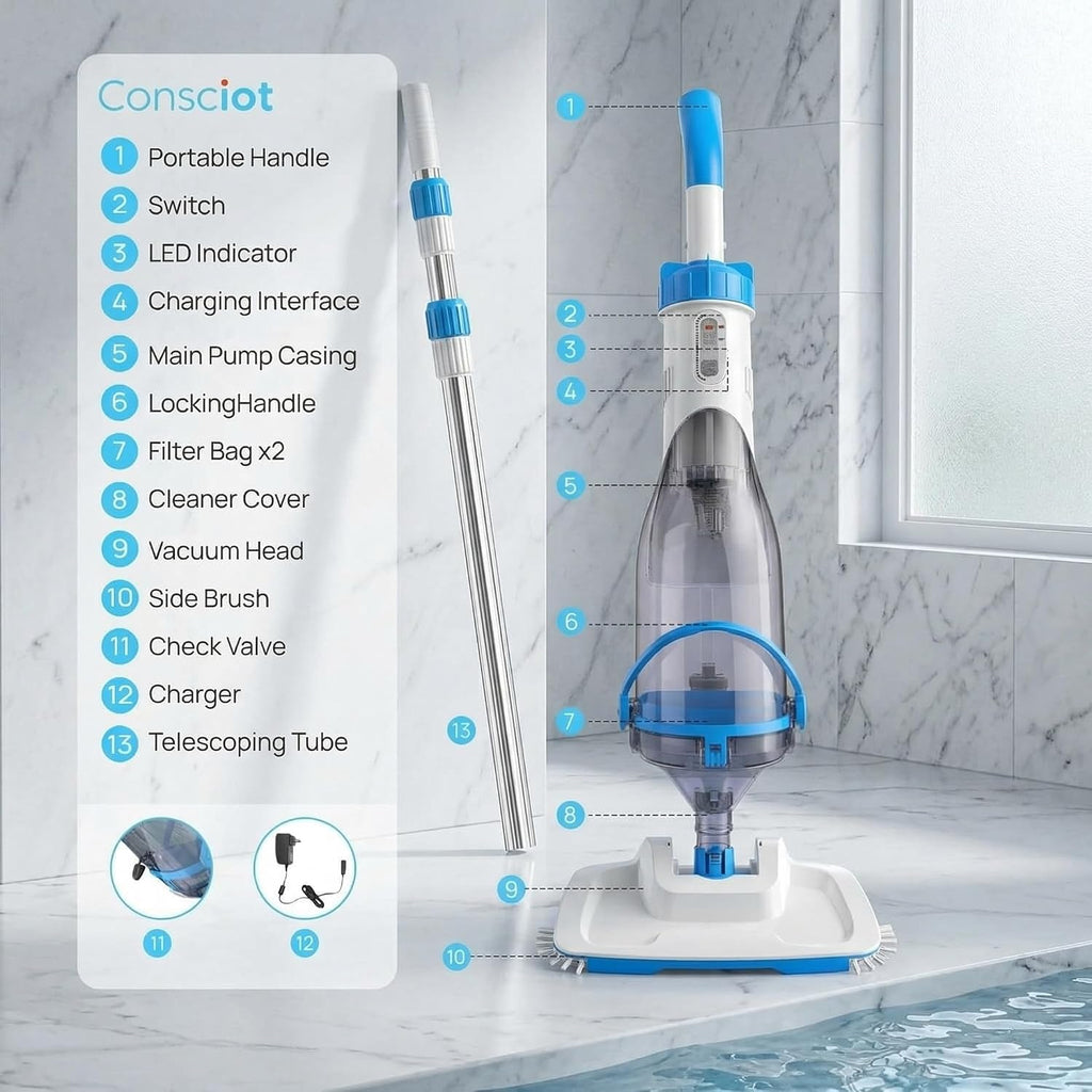 Consciot Pool Vacuum for Above Ground Pool & Inground Pool, Rechargeable Handheld Cleaner with Telescopic Pole,18.5 GPM Suction, 13.4' Head, 60-Min Runtime, for Spa & Hot Tub