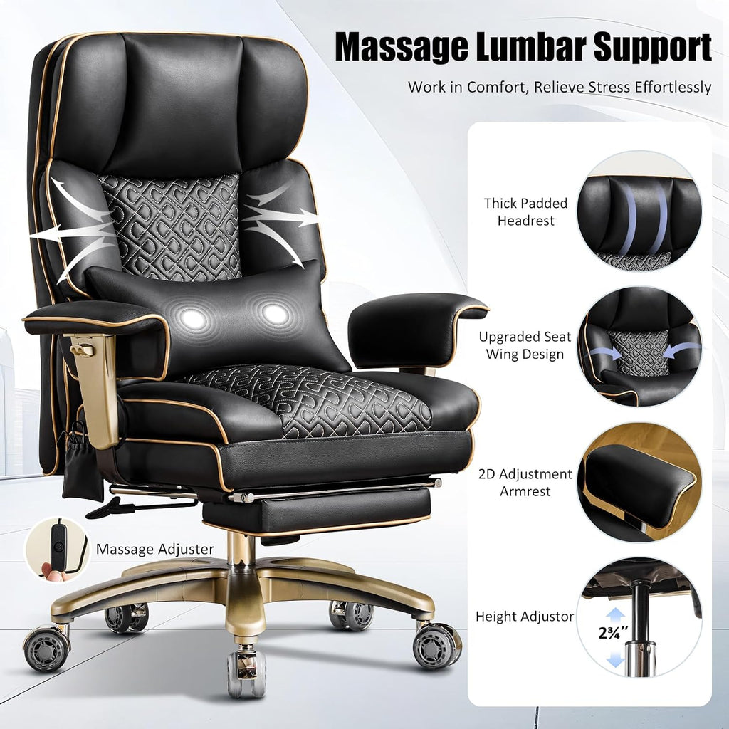 Big Tall Executive Office Chair 500lbs, Comfortable PU Leather Desk Chair with Footrest Adjustable Air Back Support, Lumbar Massage Function, 360°Swivel, Tilt Recline,Height Adjustment,Black