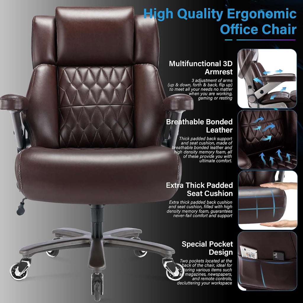 Big and Tall 700lbs Office Chair - Adjustable Lumbar Support 3D Flip Arms Heavy Duty Metal Base&Wheels, High Back Large Executive Computer Desk Chair, Thick Padded Ergonomic Design for Back Pain
