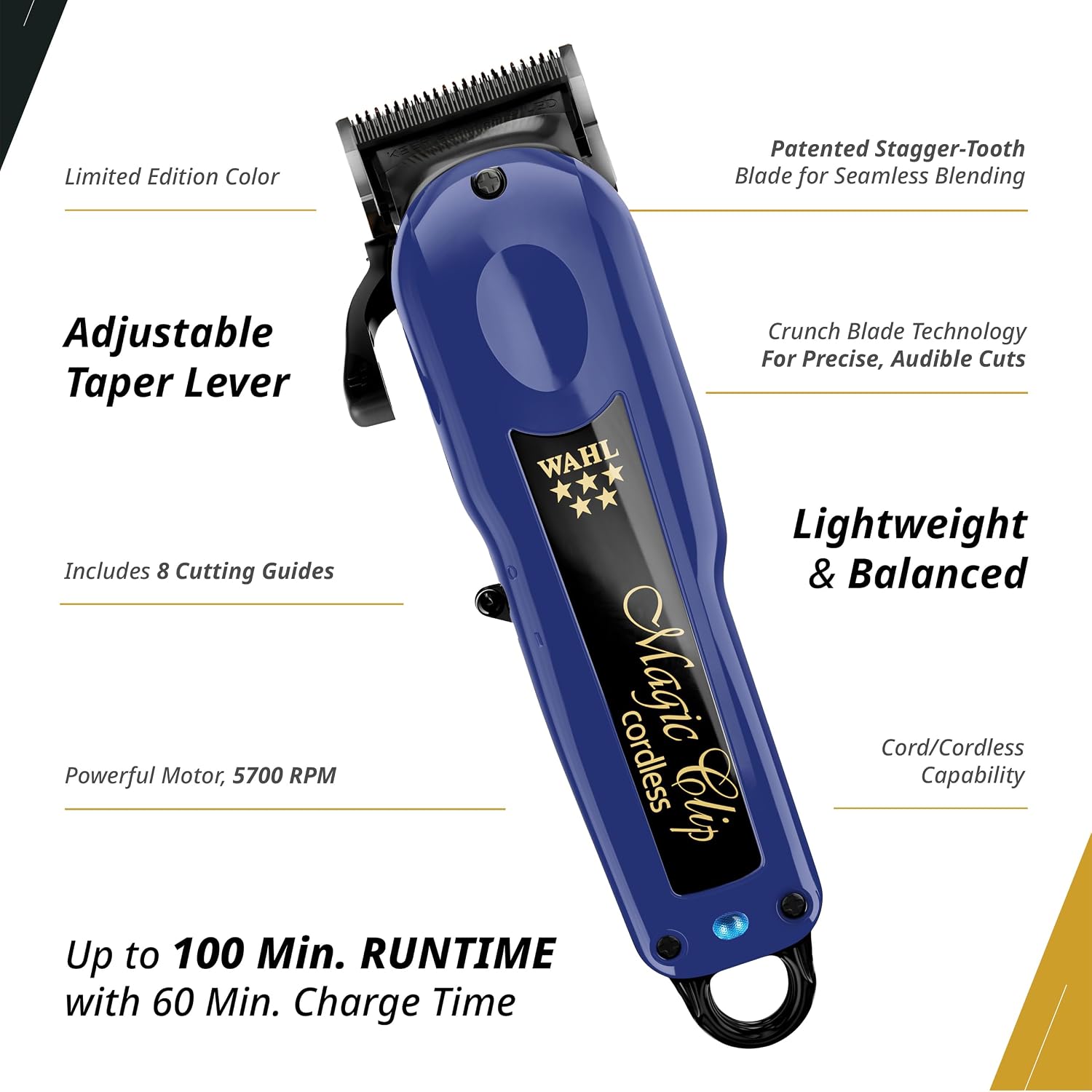 Wahl Professional 5 Star Series Magic Clip Cordless Hair Clipper, Stagger-Tooth Blade Professional Hair Trimmer with Attachments, 100+ Minute Run Time