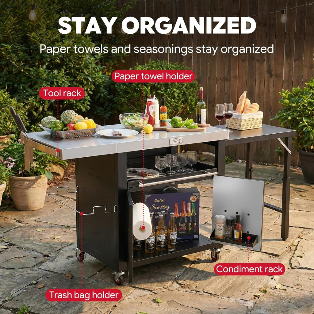 Outdoor Kitchen Island with Cabinet, Outdoor Grill Table with Stainless Steel Top for Pizza Oven& Griddles, Movable Bar Cart with Pull-Out Plate for Parties& Gathering, Heavy-Duty, L74'x W24'