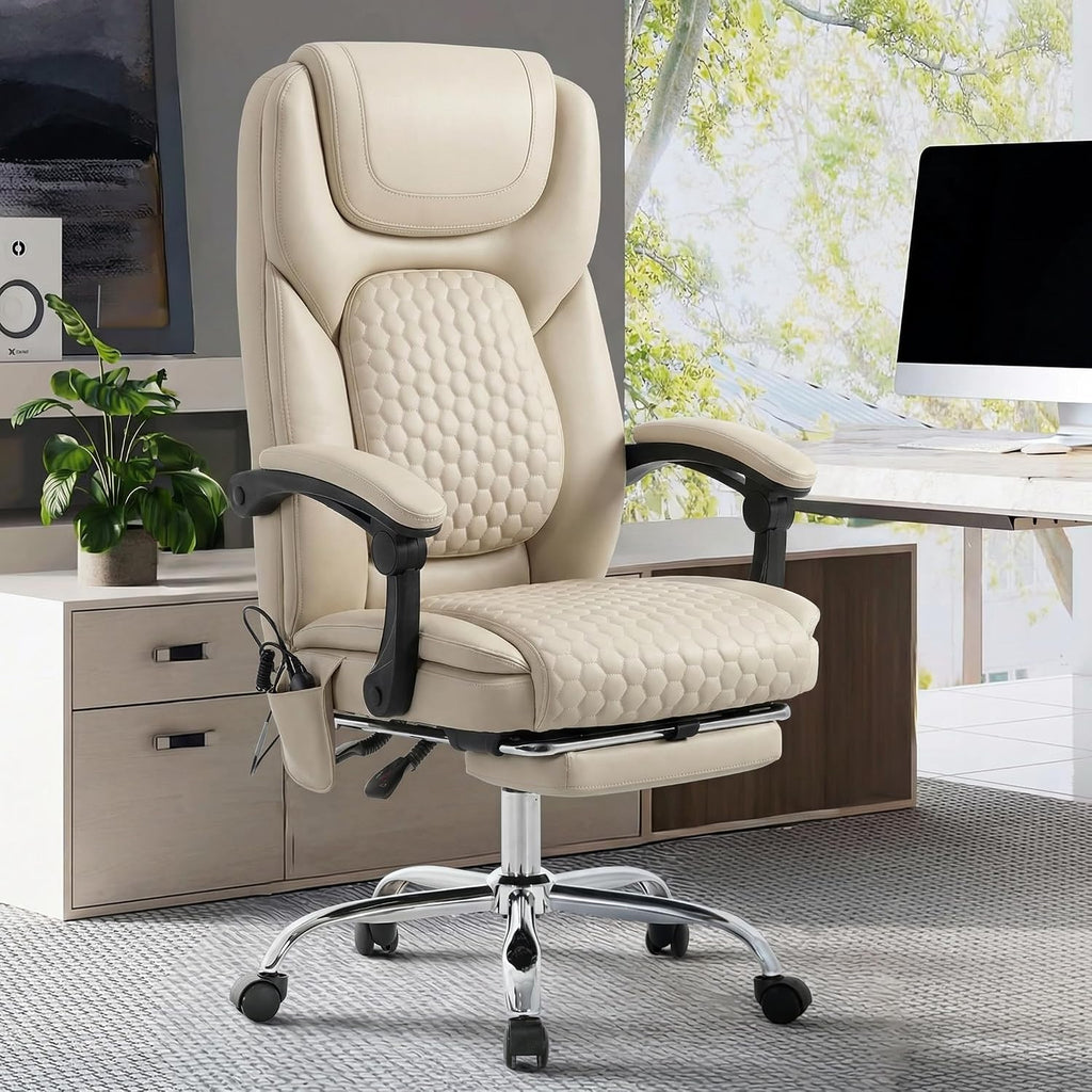 MALOL Massage Office Chair Set of 2 with Heat and Footrest - 3-Level 65°C Targeted Heating, 20-Min Assembly Leather Desk Chair, Big and Tall Executive Computer Chair with Side Pocket, 300 lbs, Beige