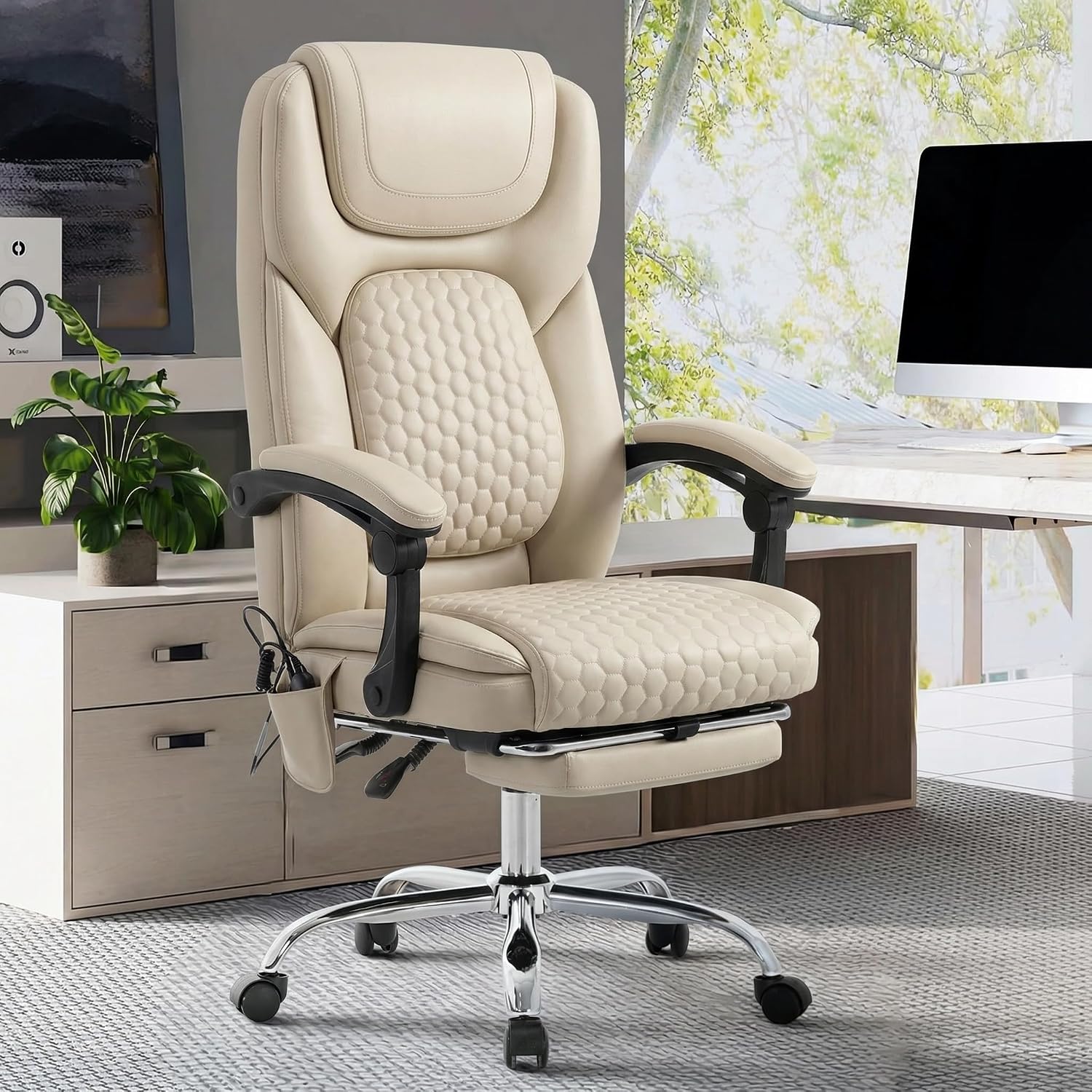 MALOL Massage Office Chair Set of 2 with Heat and Footrest - 3-Level 65°C Targeted Heating, 20-Min Assembly Leather Desk Chair, Big and Tall Executive Computer Chair with Side Pocket, 300 lbs, Beige