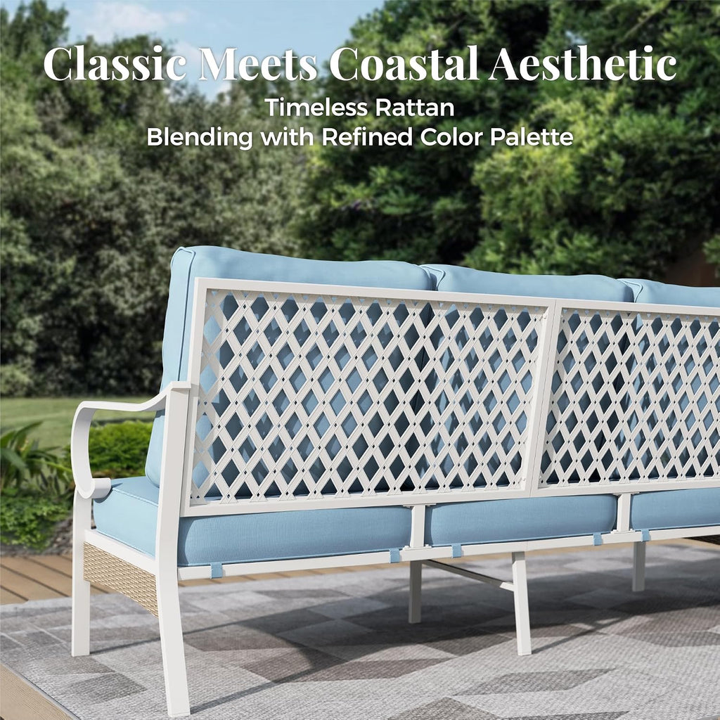 5 Piece Metal Patio Furniture Set, 7-Seat All Weather Outdoor Conversation Set with 3-Seat Sofa & 2 Swivel Chairs & Love Seat, Outdoor Sofa Set for Backyard, Deck, Garden, White/Blue
