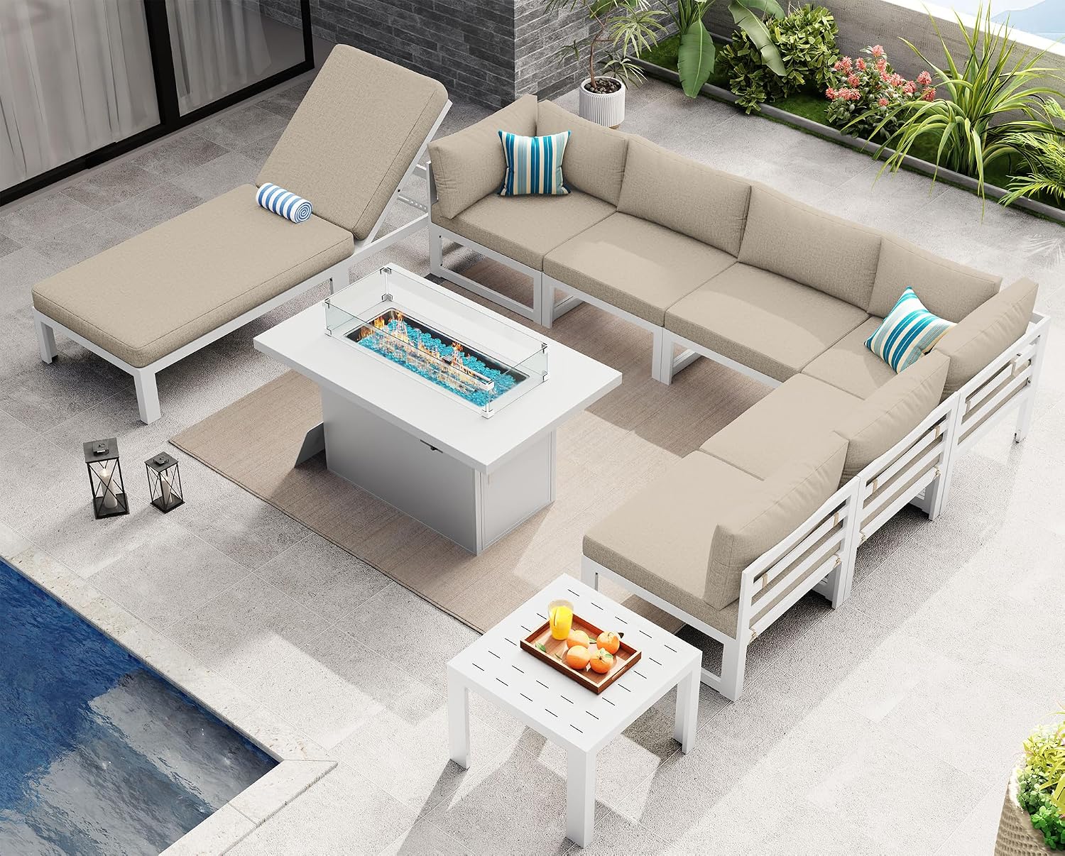 NICESOUL Extra Large Luxury Aluminum Outdoor Sectional Sofa with Lounger, Weather Resistant Modular Patio Furniture Set for 7 People, 500 lbs Heavy Duty Conversation Couch for Poolside Garden, Beige