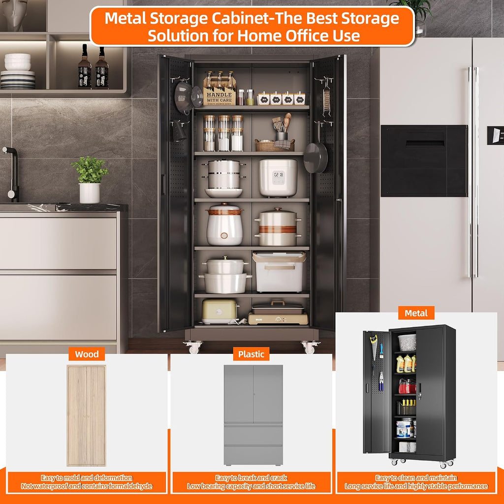 SUXXAN Garage Storage Cabinet with Wheels Pegboard and 5 Adjustable Shelves, 71'' x 32'' x 16''Metal Lockable Cabinet with Magnetic Doors,Tool Storage,Home Office Garage,Gym,School (Black)