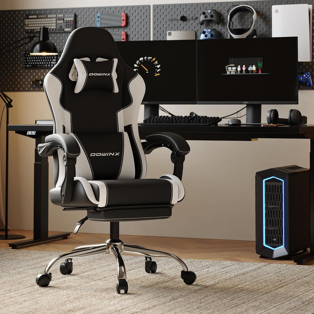 Gaming Chair with Footrest & Massage Lumbar, Ergonomic Computer Chair 330lbs with Headrest Pillow for Office, Home, Streaming and Long Gaming Sessions, White