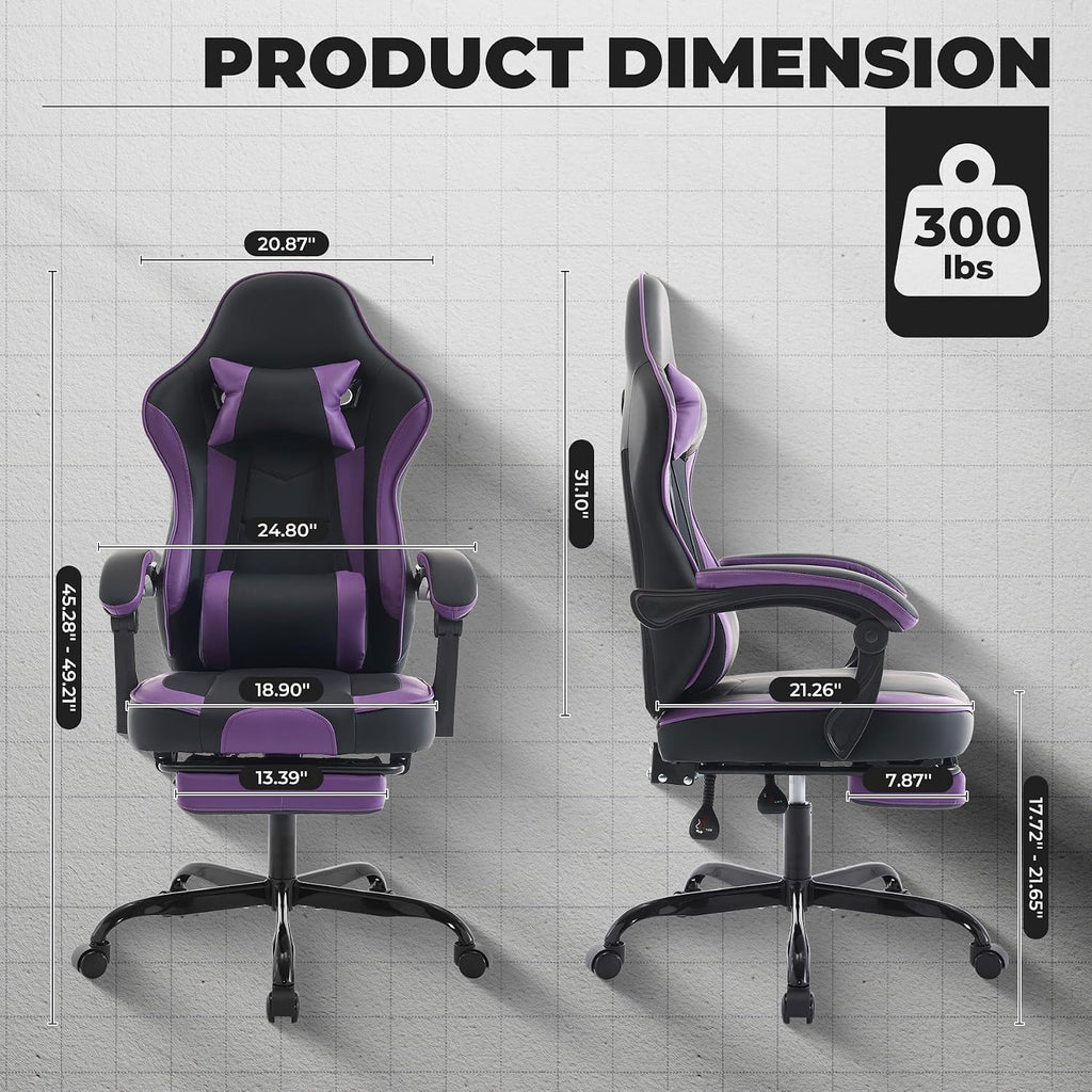 Gaming Chair with Footrest, Ergonomic Computer Chair with Headrest and Lumbar Support, Breathable Material Height Adjustable Swivel Video Game Chairs for Adults, 300lbs Max, Black & Purple