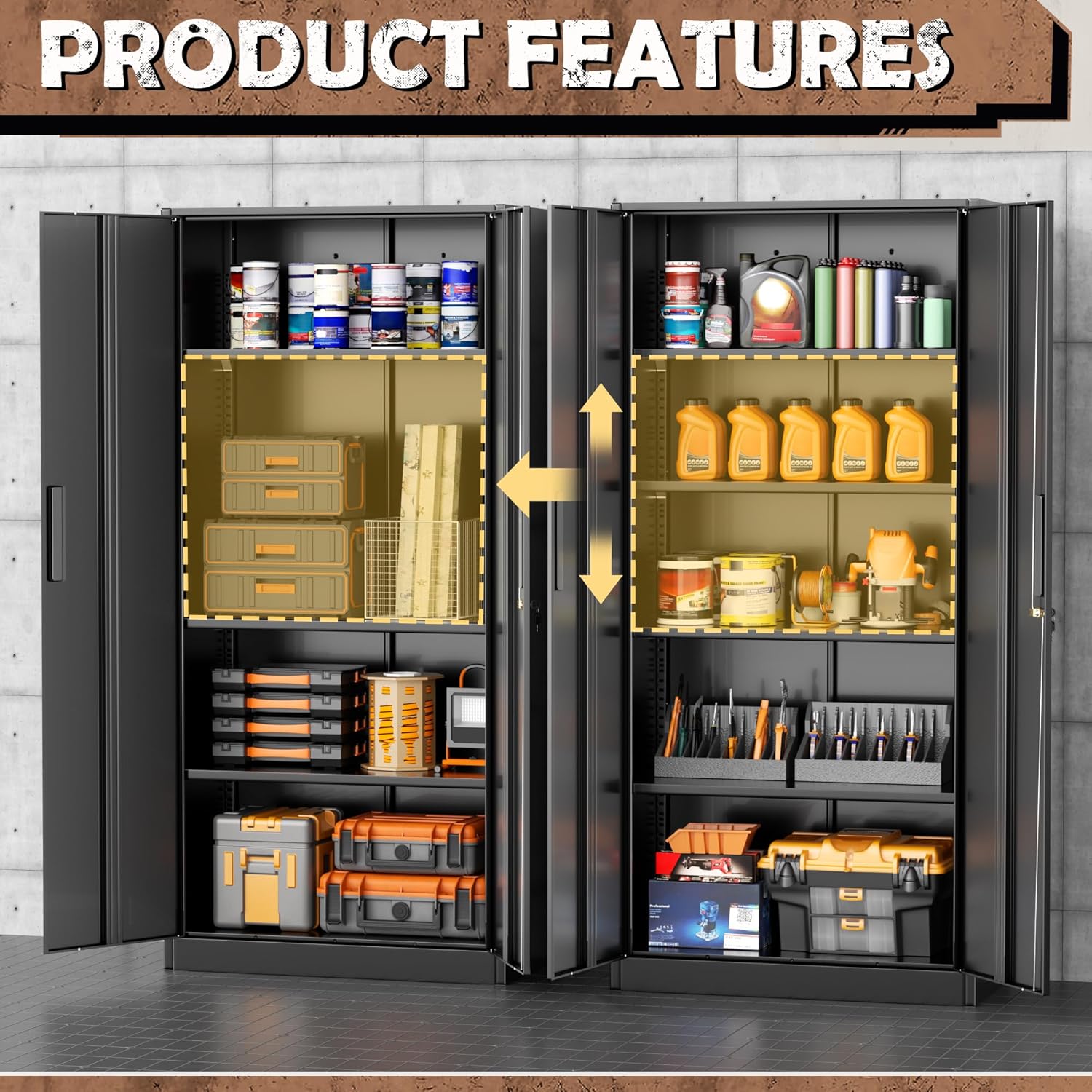 INTERGREAT Metal Storage Cabinet, 72' H Storage Cabinet with 2 Doors and 4 Adjustable Shelves for Office, Home, Garage, Pantry (Assembly Required, Black)