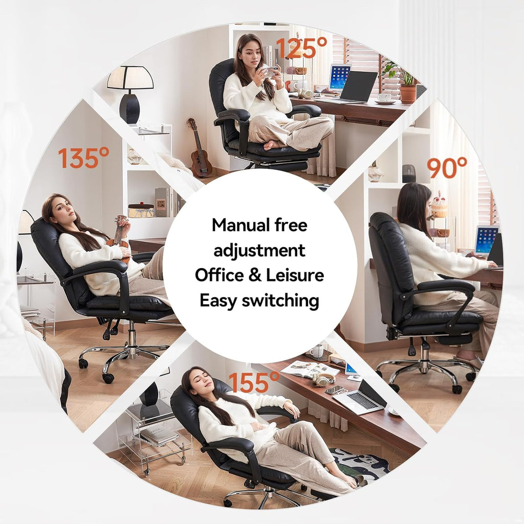 EMIAH Ergonomic Office Chair with Foot Rest Criss Cross Chair with Wheels Reclining Executive Office Chair Mid Back PU Leather Swivel Computer Chairs Lumbar Support for Home Office (Black)