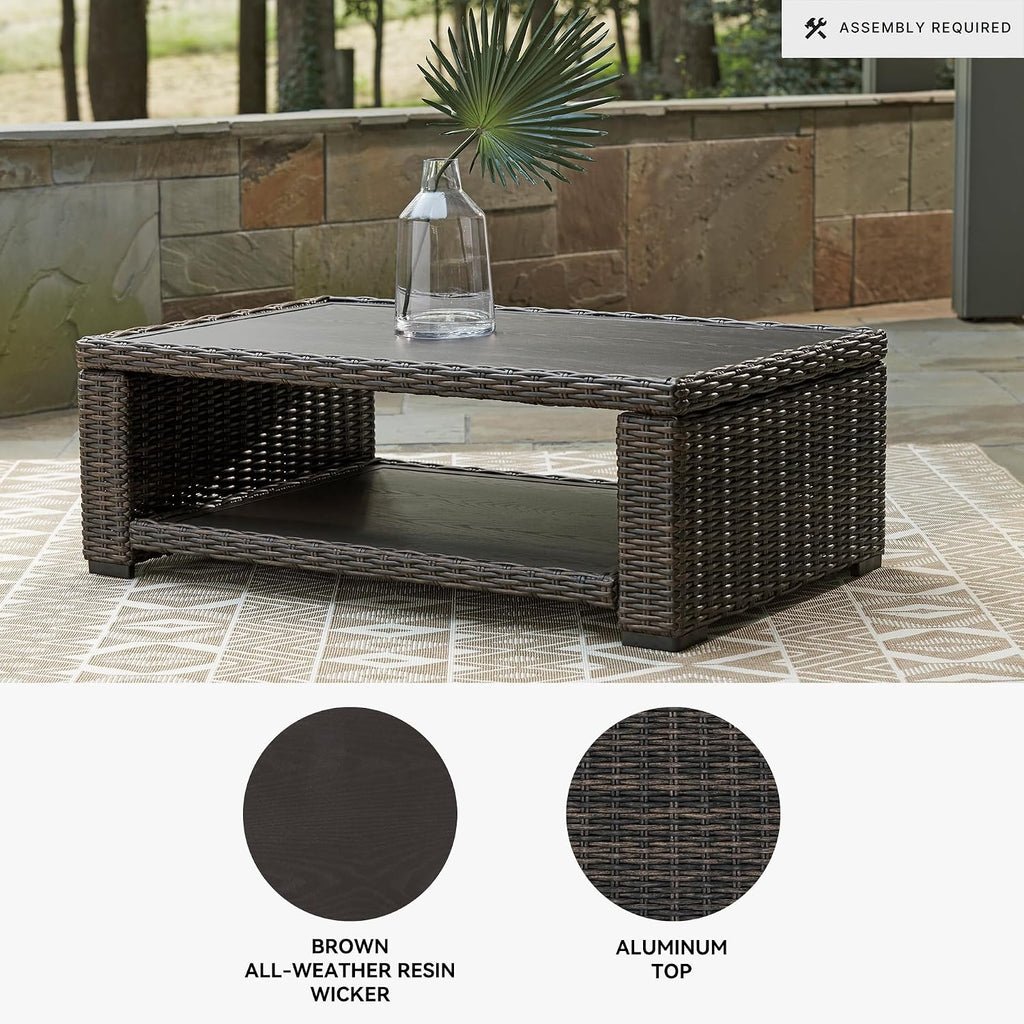Signature Design by Ashley Grasson Lane Outdoor Wicker Cocktail Table with Aluminum Frame, Brown