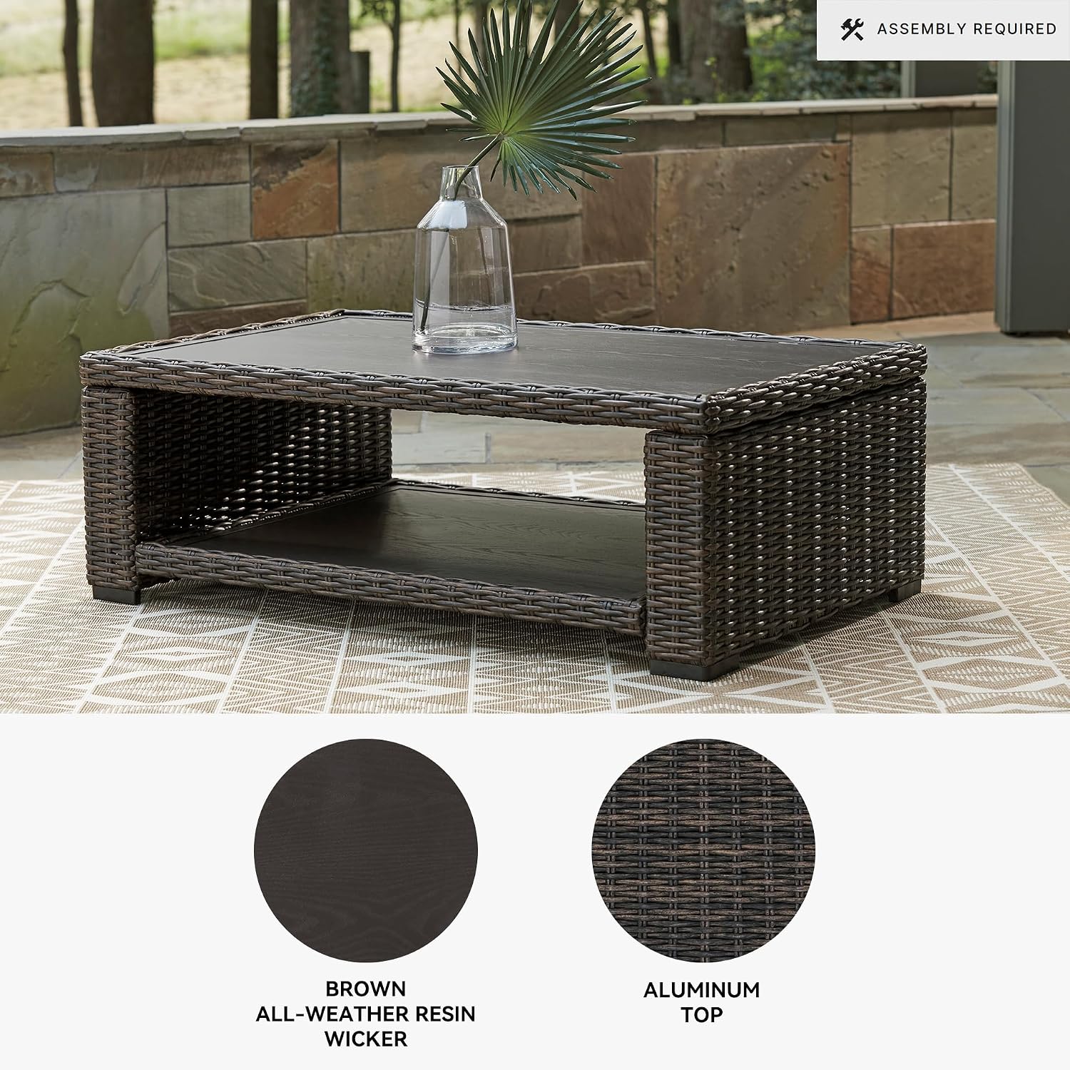 Signature Design by Ashley Grasson Lane Outdoor Wicker Cocktail Table with Aluminum Frame, Brown