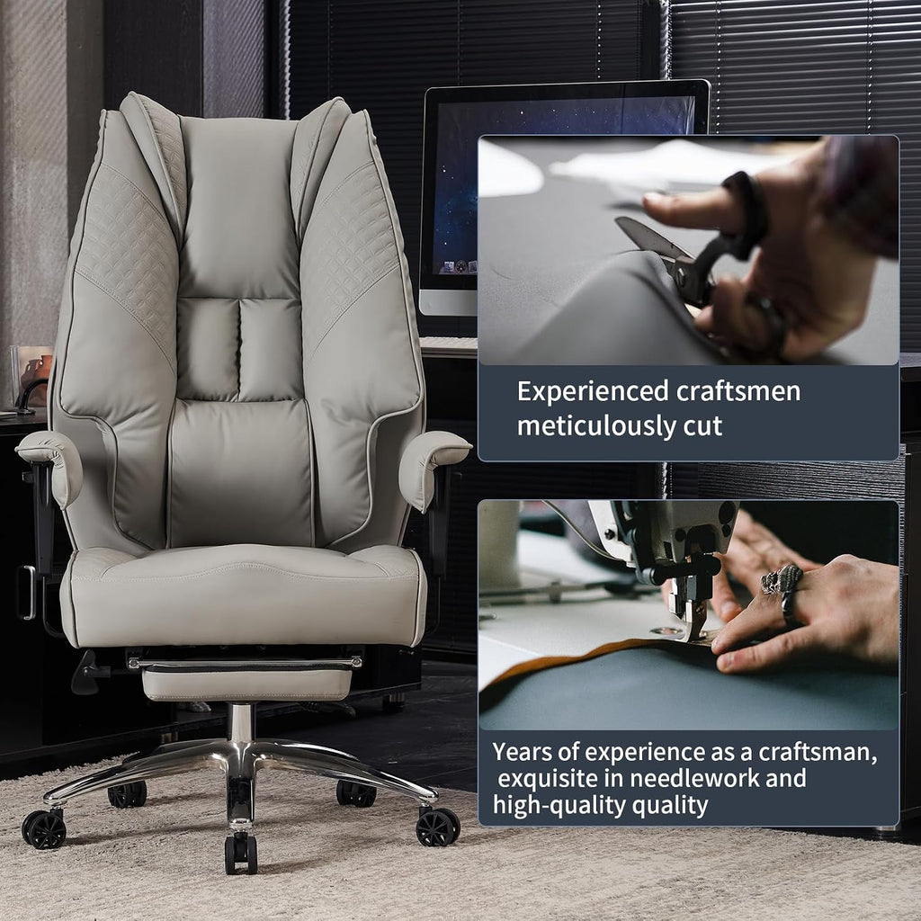 EXCEBET Big and Tall Office Chair 400lbs Wide Seat, Leather High Back Executive Office Chair with Foot Rest, Ergonomic Chairs Lumbar Support for Lower Back Pain Relief (Light Grey)