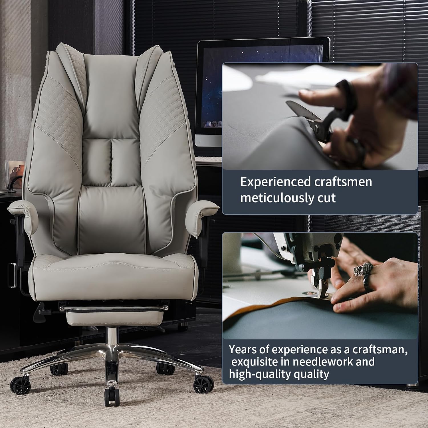 EXCEBET Big and Tall Office Chair 400lbs Wide Seat, Leather High Back Executive Office Chair with Foot Rest, Ergonomic Chairs Lumbar Support for Lower Back Pain Relief (Light Grey)
