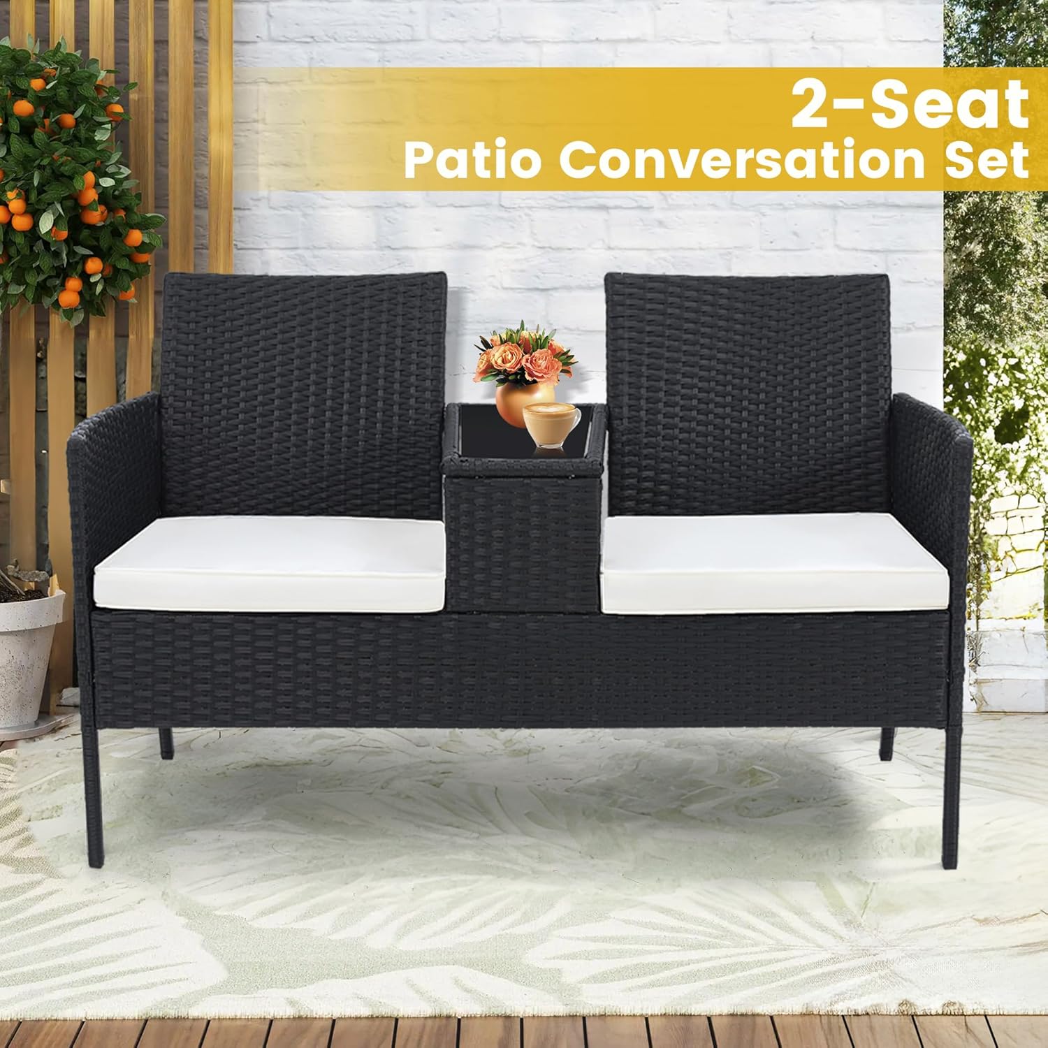 Kromax Wicker 2 Seat Patio Loveseat, Outdoor Rattan Loveseat with Table, Washable Cushion Covers, Backyard, Garden, Lawn, Black Rattan with White Cushion
