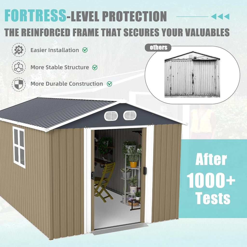 KEIKI 8x12 FT Heavy-Duty Outdoor Storage Shed, Metal Shed with Reinforced Frame, Lockable Doors & Air Vents, Weatherproof Garden Tool Shed for Backyard, Brown