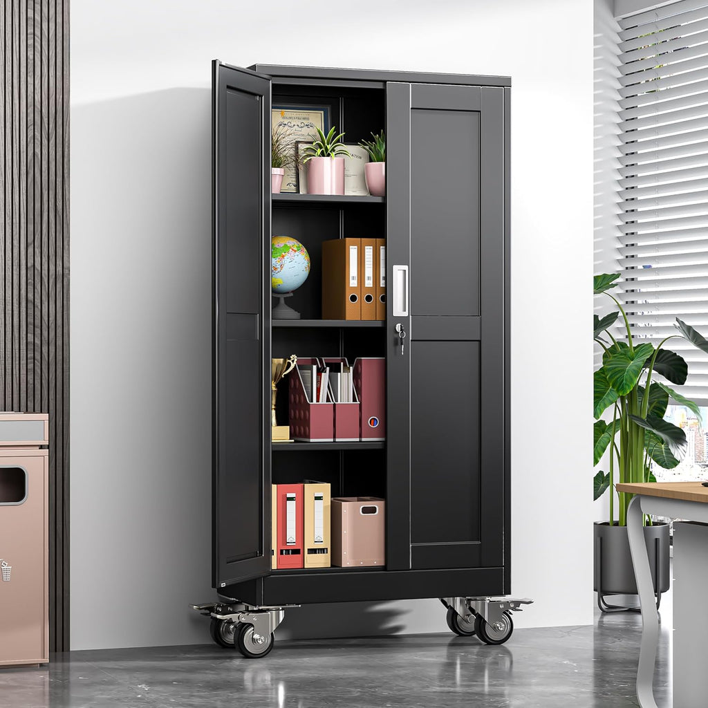 Metal Garage Storage Cabinets and storage system, 61'Tall Rolling utility cabinet with Wheels, Lock, 3 Adjustable Shelves, Heavy Duty Steel Tool Locker for Home Office, Utility Room, Gym,Black