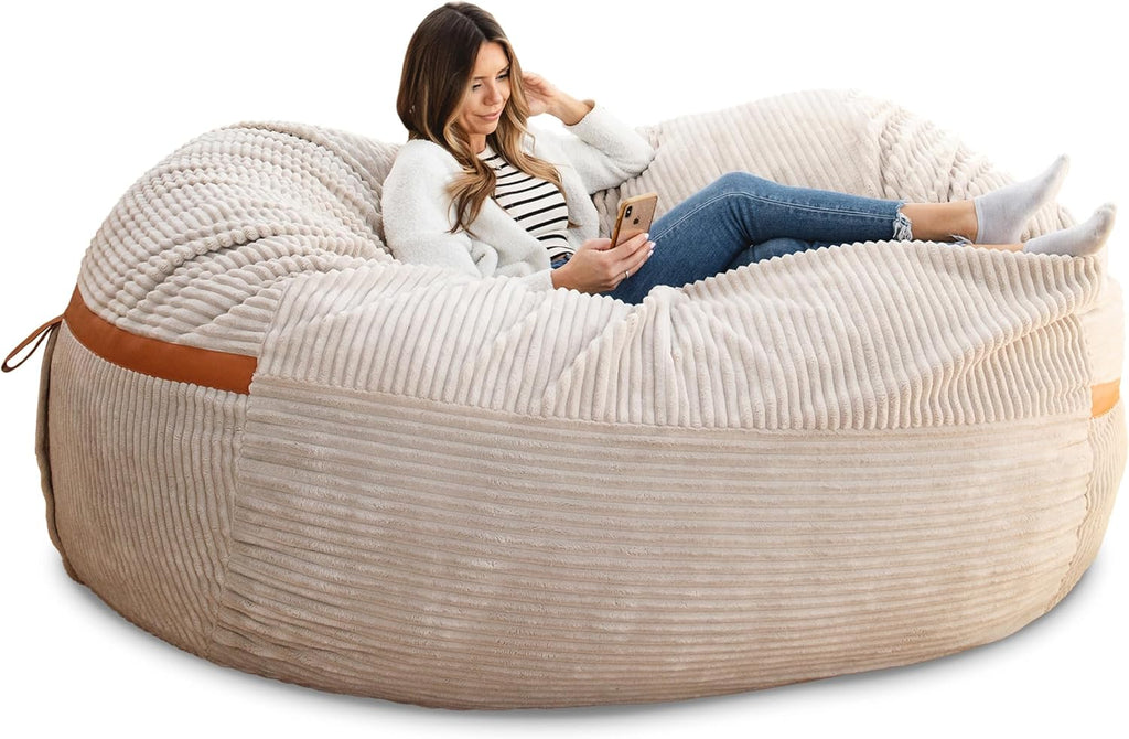 Big Joe Fuf 8Ft Giant Foam Bean Bag Chair, Oversized Couch with Removable Cover for Kids, Teens, Adults, Vanilla Latte Corded Plush, 8 Foot