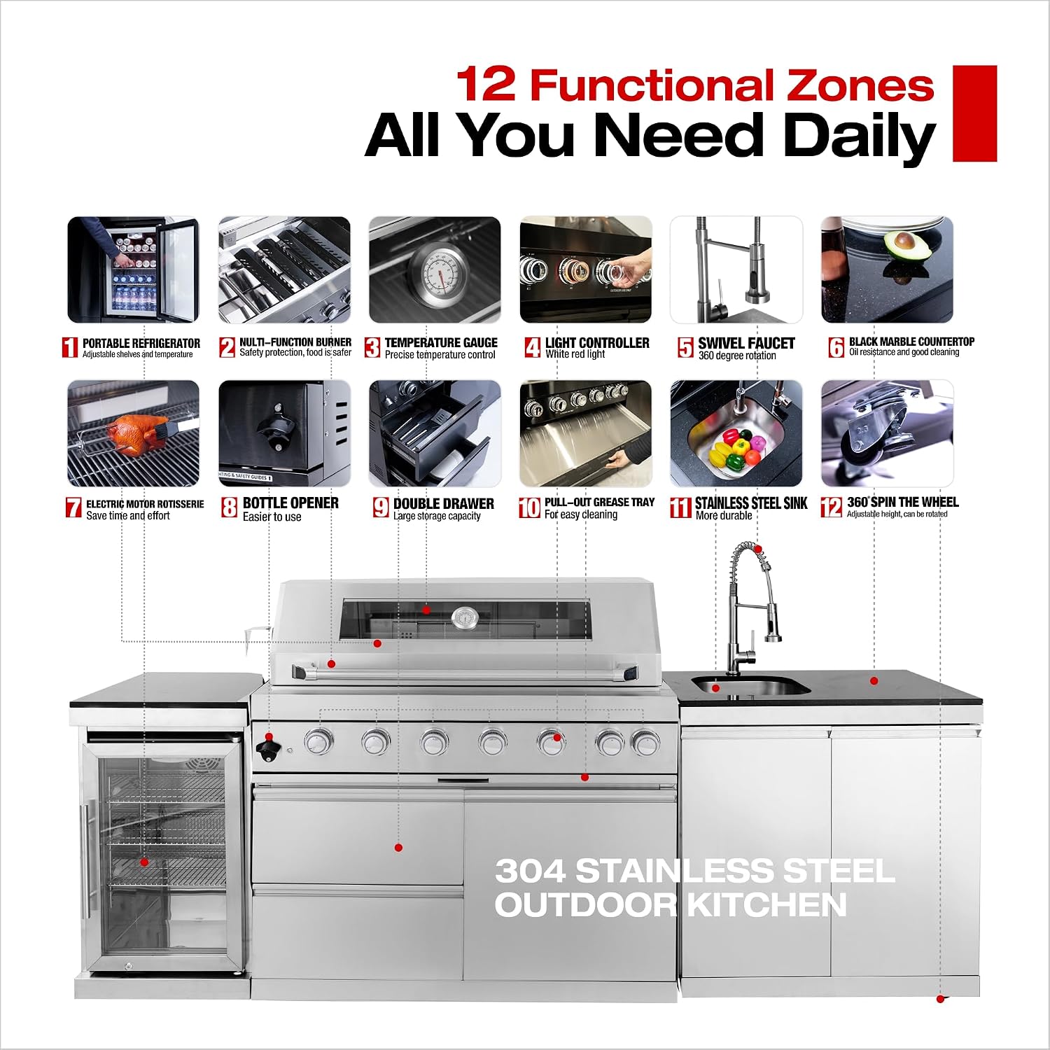 Modular Outdoor Kitchen BBQ Island, 96' Outdoor Kitchen Propane Gas Island Grill with Sink, Compact Refrigerator, Storage Cabinets, Rotisserie Kit (Silver, 96')