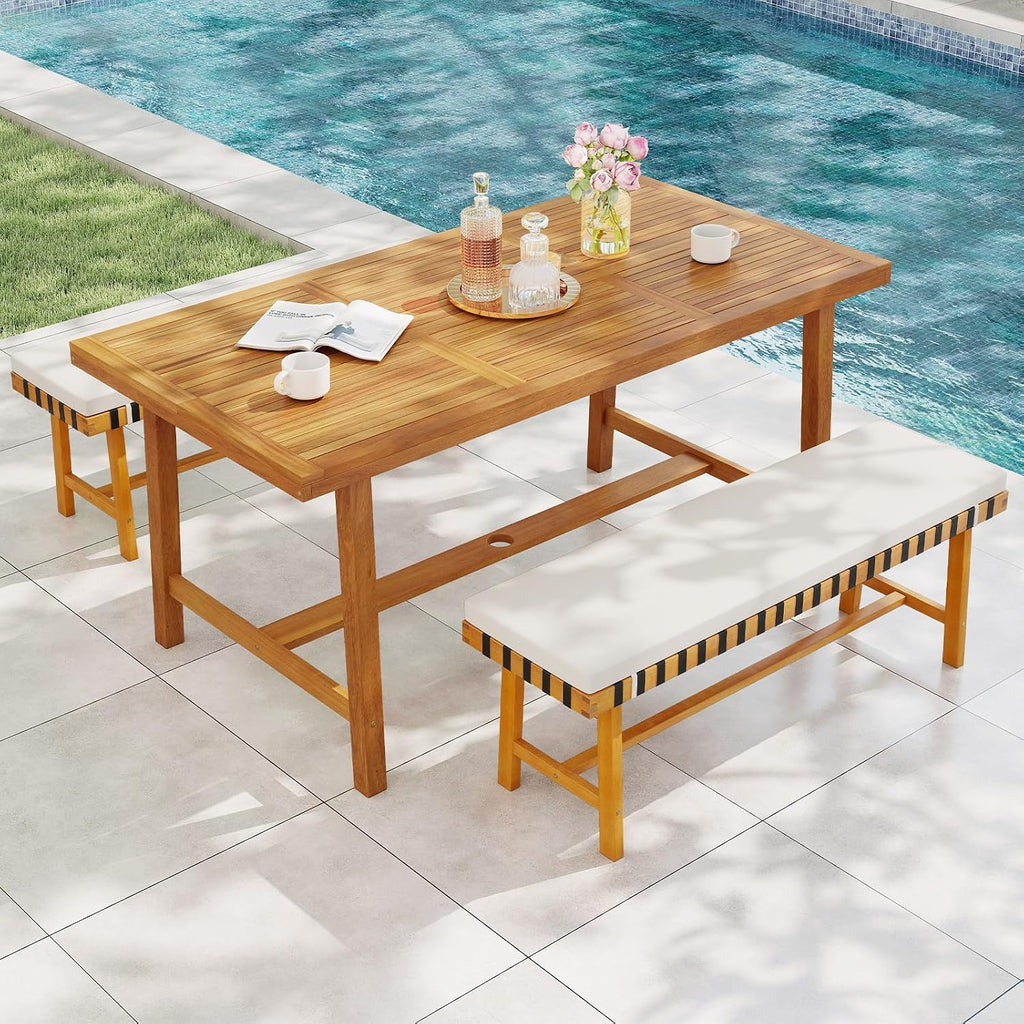Tangkula 3 Piece Patio Dining Set for 4 People, 63' Outdoor Acacia Wood Rectangular Table with 1.97' Umbrealla Hole & 2 Cushioned Bench, for Deck Yard and Poolside