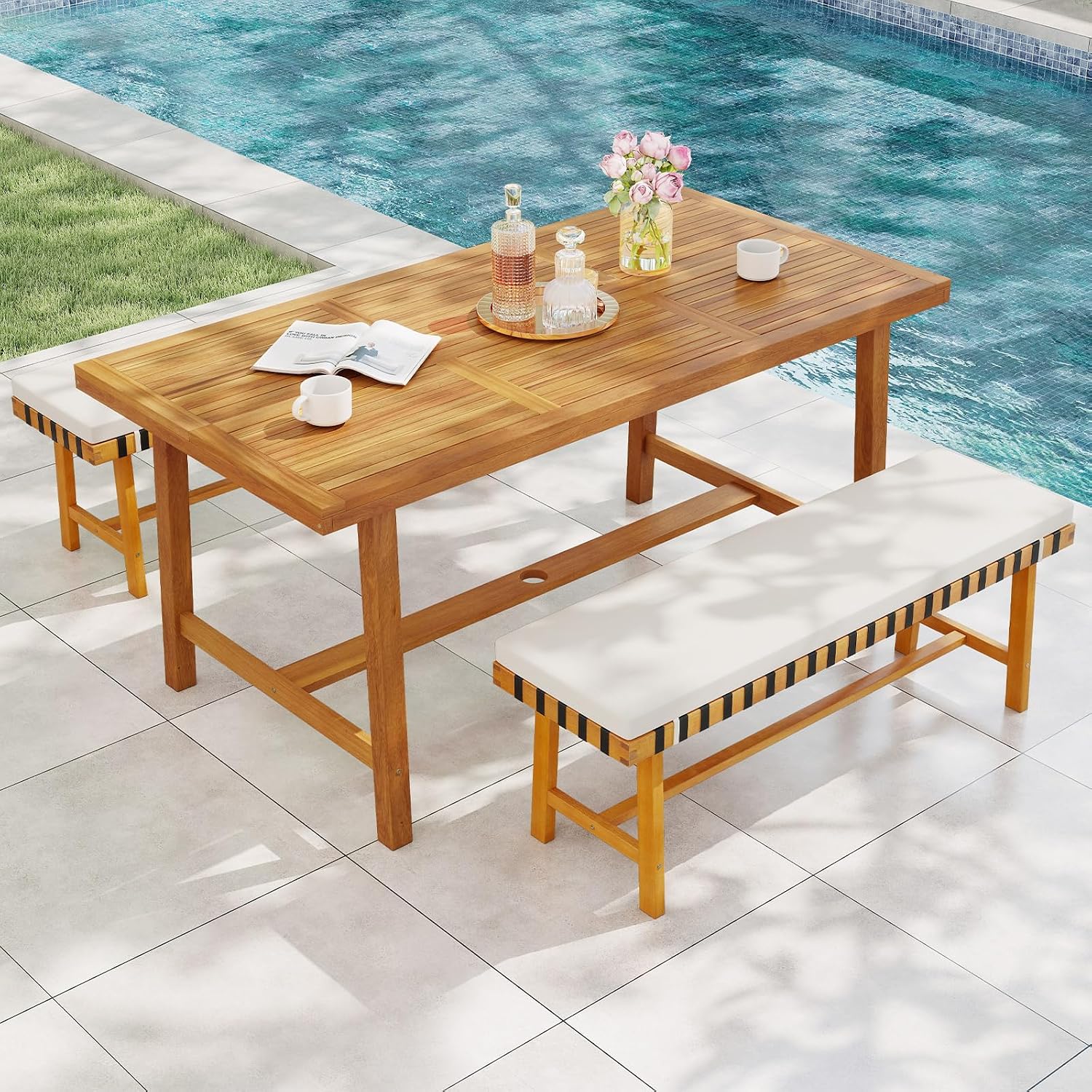 Tangkula 3 Piece Patio Dining Set for 4 People, 63' Outdoor Acacia Wood Rectangular Table with 1.97' Umbrealla Hole & 2 Cushioned Bench, for Deck Yard and Poolside