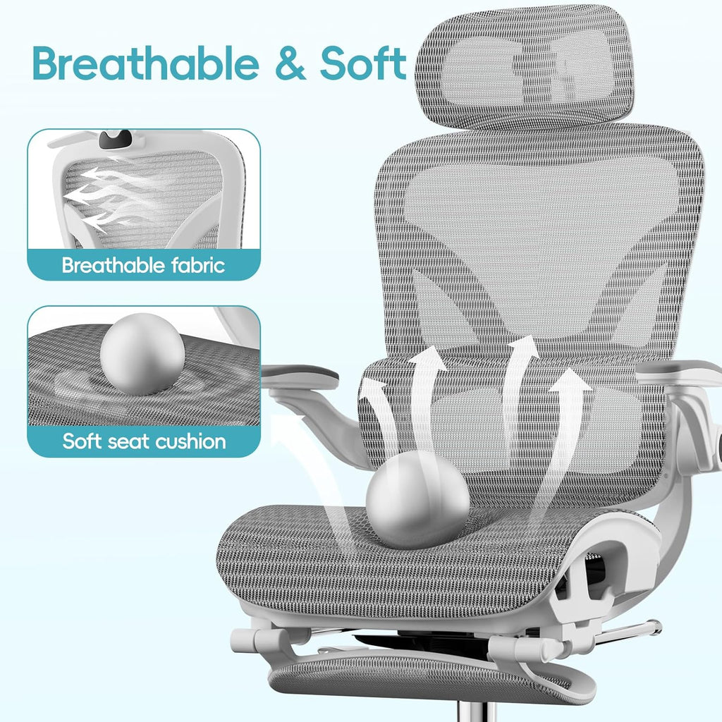 Alllion Ergonomic Mesh Office Chair, Home Desk Chair Comfy High Back with Adjustable Lumbar Support, 3D Headrest, Flip-up Arms, Big and Tall Reclining Computer Gaming Chairs for Men Women, Grey