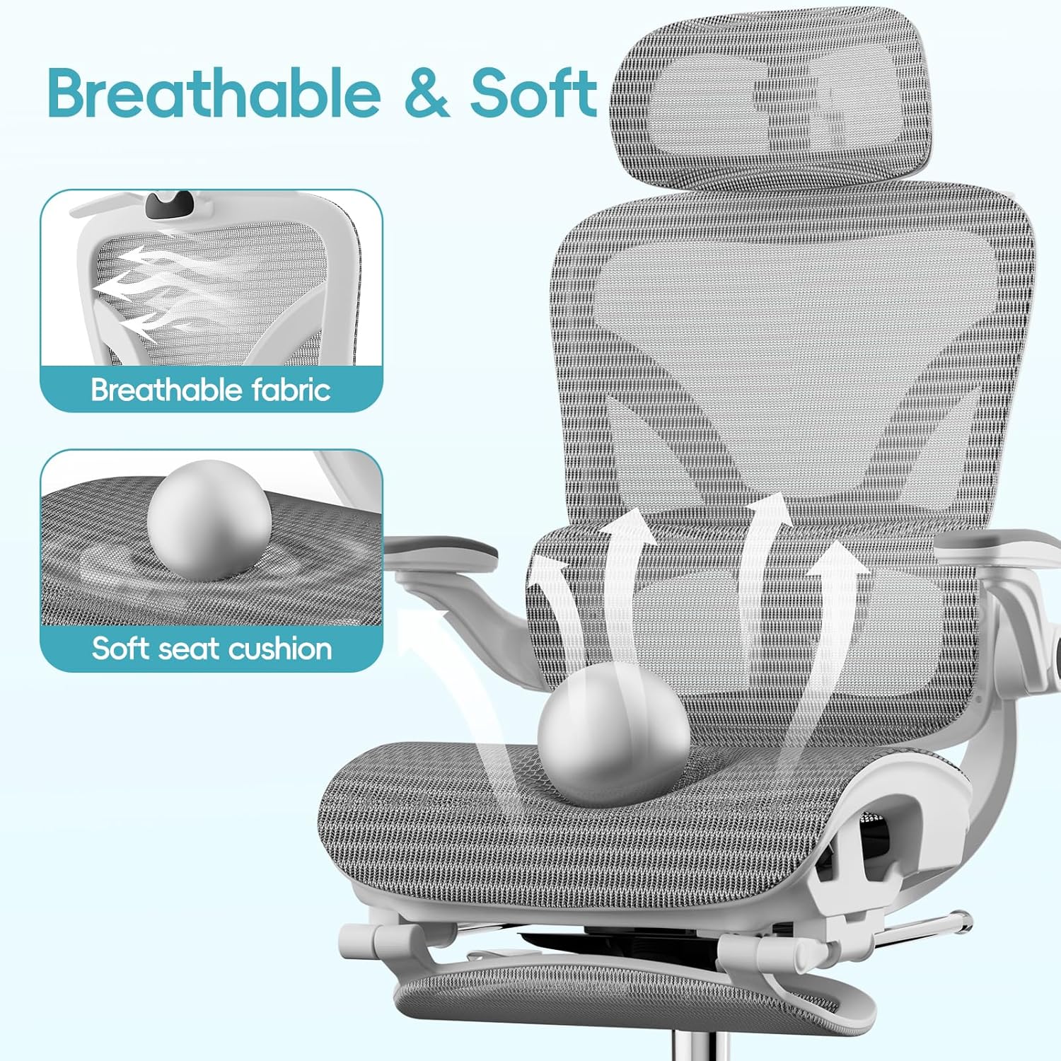 Alllion Ergonomic Mesh Office Chair, Home Desk Chair Comfy High Back with Adjustable Lumbar Support, 3D Headrest, Flip-up Arms, Big and Tall Reclining Computer Gaming Chairs for Men Women, Grey