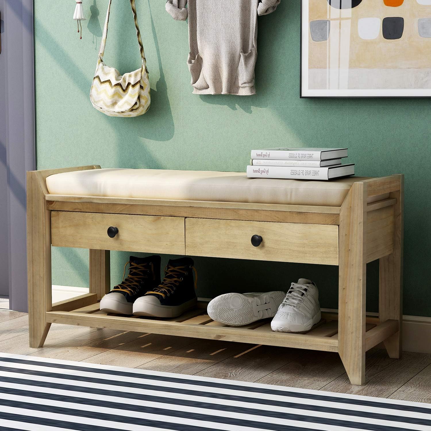 Harper & Bright Designs TREXM Shoe Rack with Cushioned Seat and Drawers, Multipurpose Entryway Storage Bench (Gray Wash)