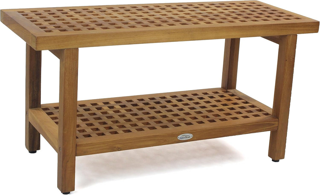 AquaTeak The Original 36' Grate Teak Shower Bench with Shelf Premium Teak Oil
