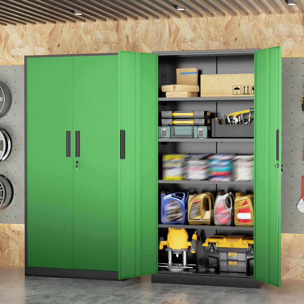 SUNCROWN 72' Metal Storage Cabinet - Heavy-Duty Metal Garage Cabinet with 4 Adjustable Shelves & 2 Doors for Tools, Office, Home, Workshop,Black & Green-Small